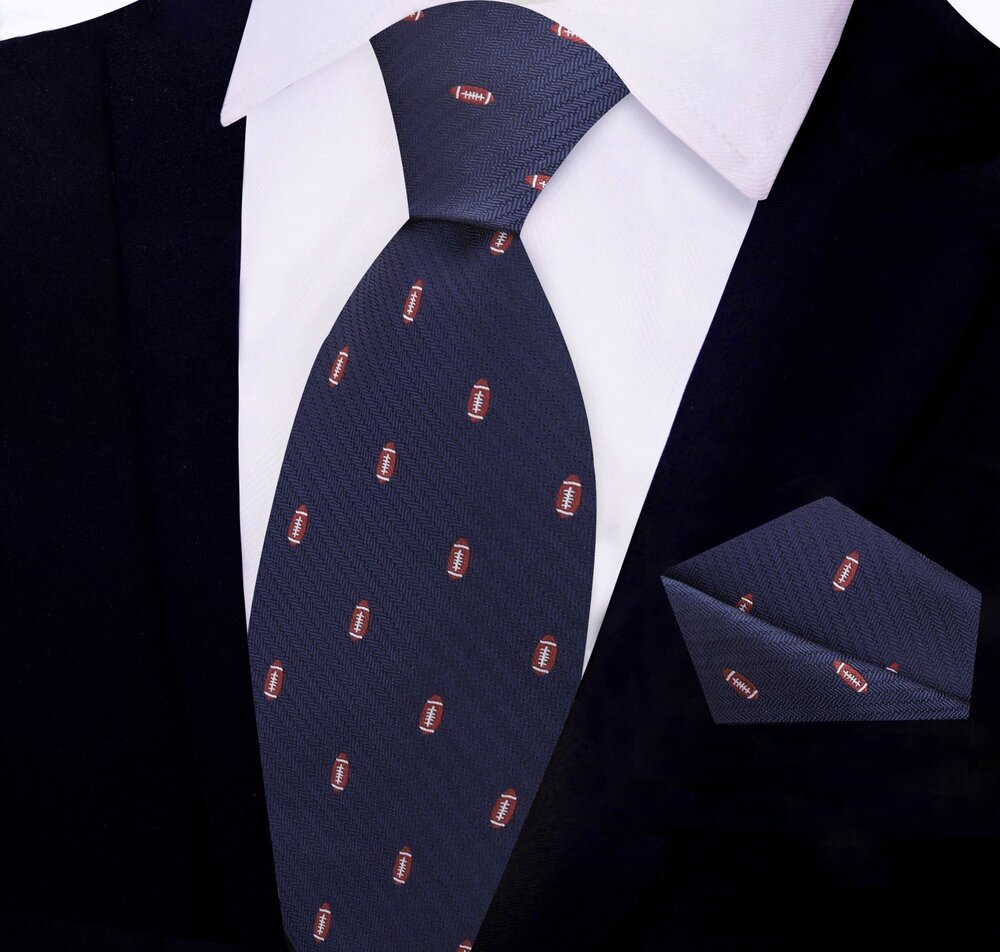 Deep Blue With Footballs Tie and Pocket Square||Blue