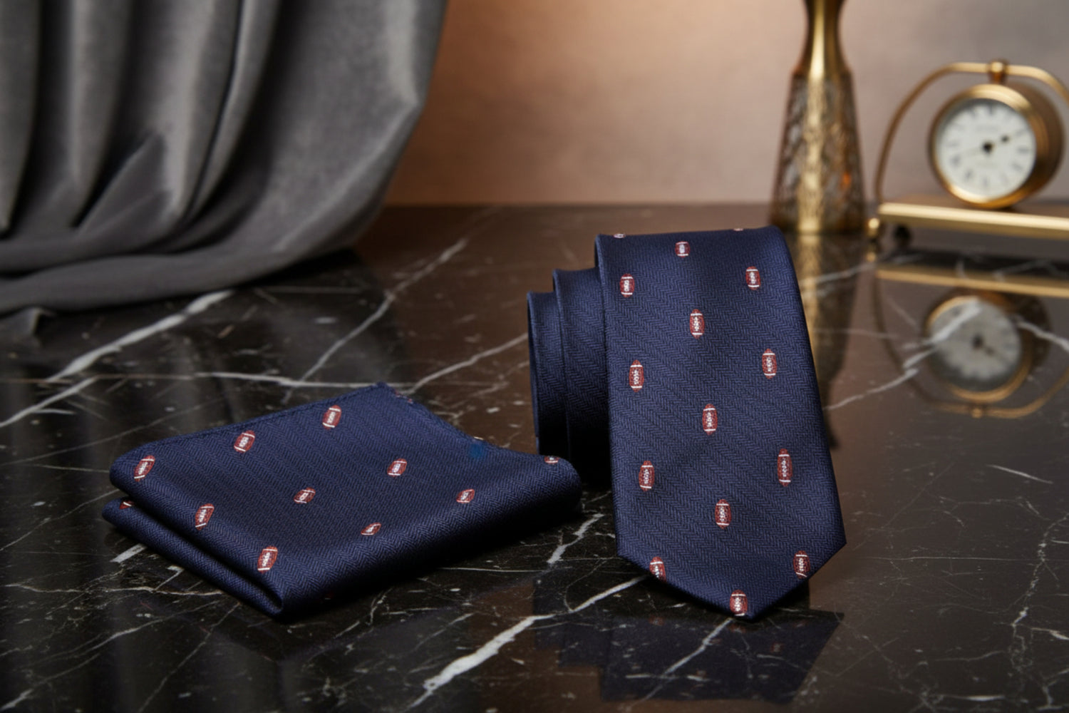 Alt View; Deep Blue With Footballs Tie and Pocket Square