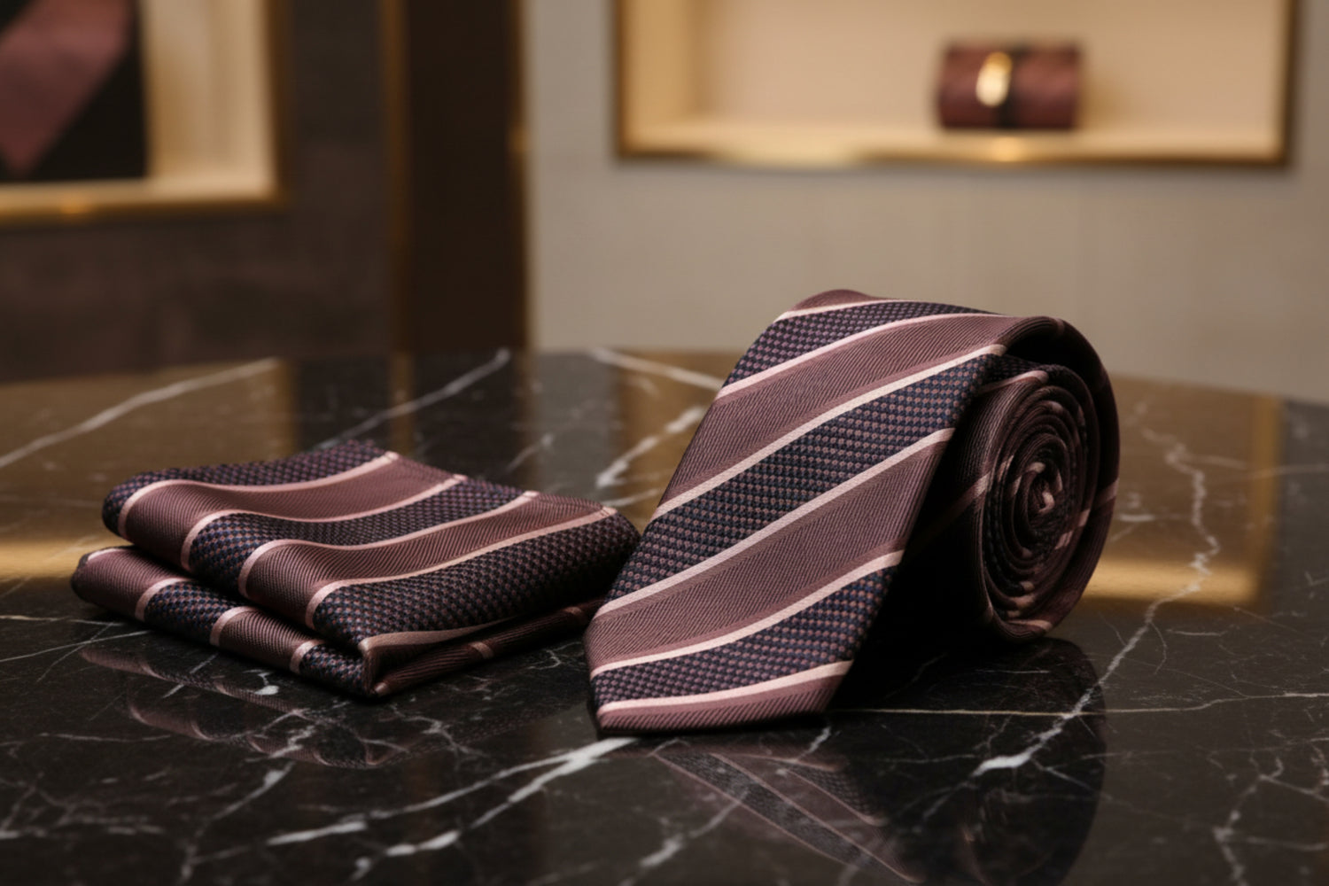 Alt View: Dark Brown Stripe Tie and Pocket Square