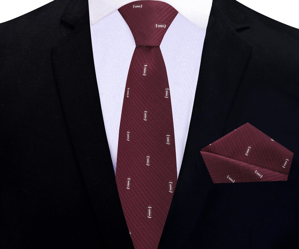 Deep Red With Footballs Thin Tie and Pocket Square||Deep Red