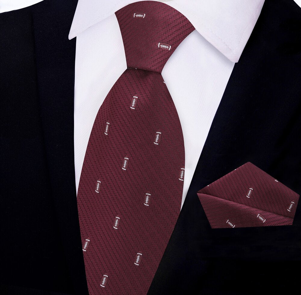Deep Red With Footballs Tie and Pocket Square||Deep Red