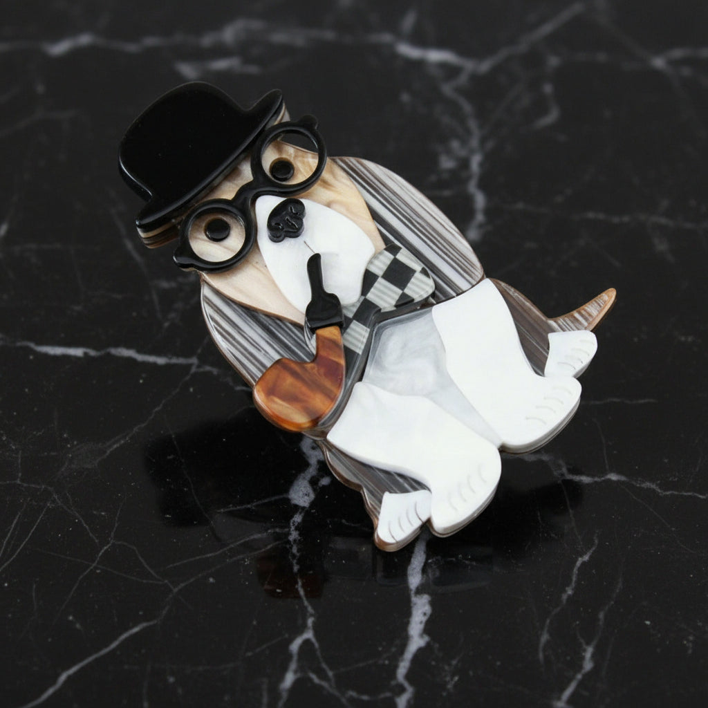 View 2: Dog Wearing Hat, Glasses, and Bow Tie with Pipe Lapel Pin