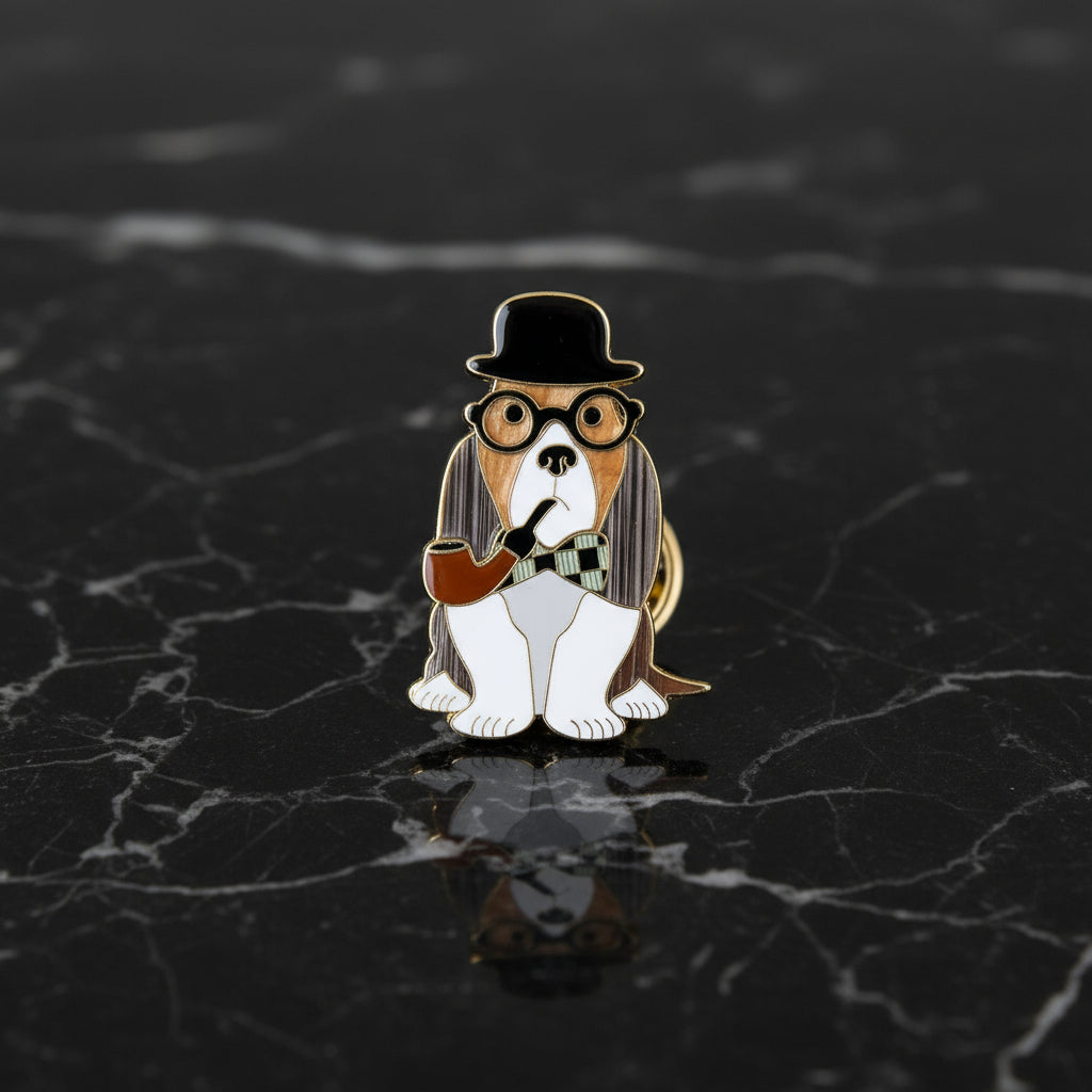 Dog Wearing Hat, Glasses, and Bow Tie with Pipe Lapel Pin