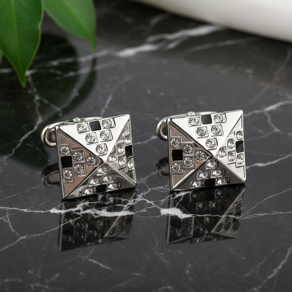 A Silver and Clear Color Pyramid Shape Cuff-links