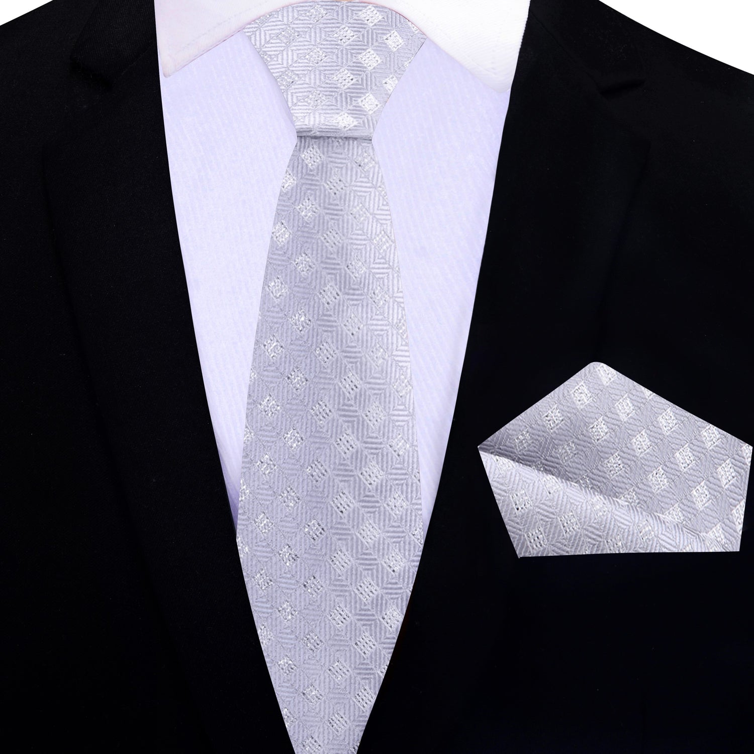Thin Tie View: A Platinum Colored Tie With Metallic Looking Check Accent Pattern Necktie With Matching Pocket Square