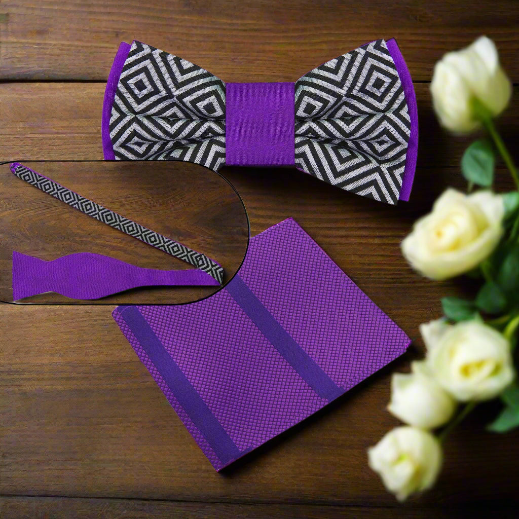 Main: Purple, Black, Grey Geometric Bow Tie and Accenting Pocket Square