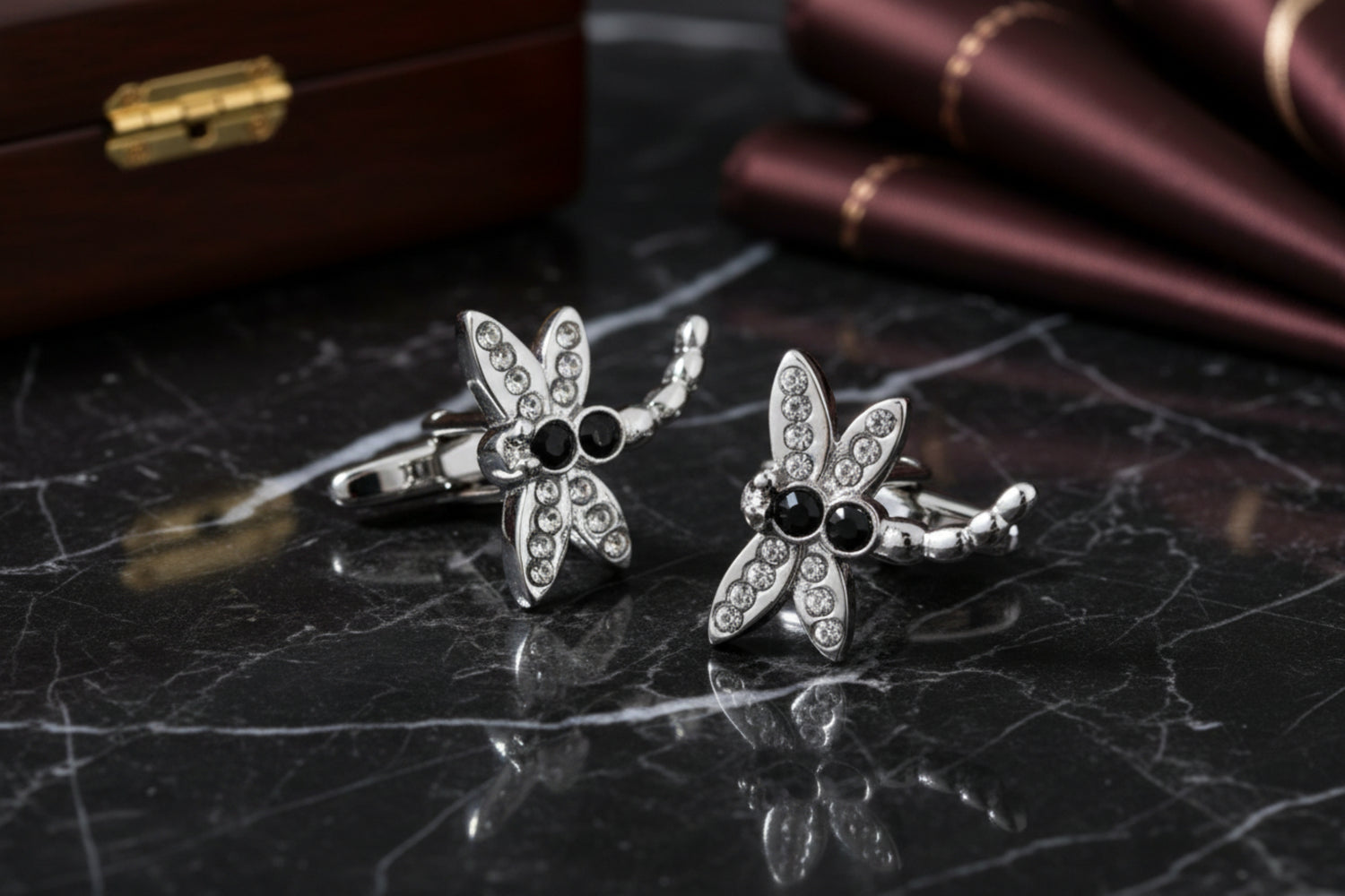 A Chrome, Black Color Dragonfly Pattern Pair of Cuff-links