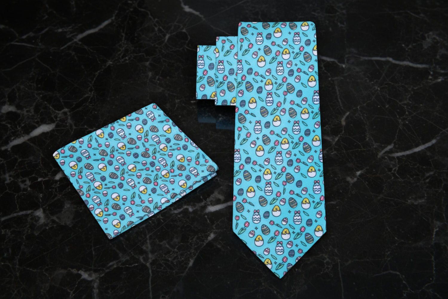 View 2 Light Blue, Yellow, Pink Easter Eggs and Chics Tie and Pocket Square