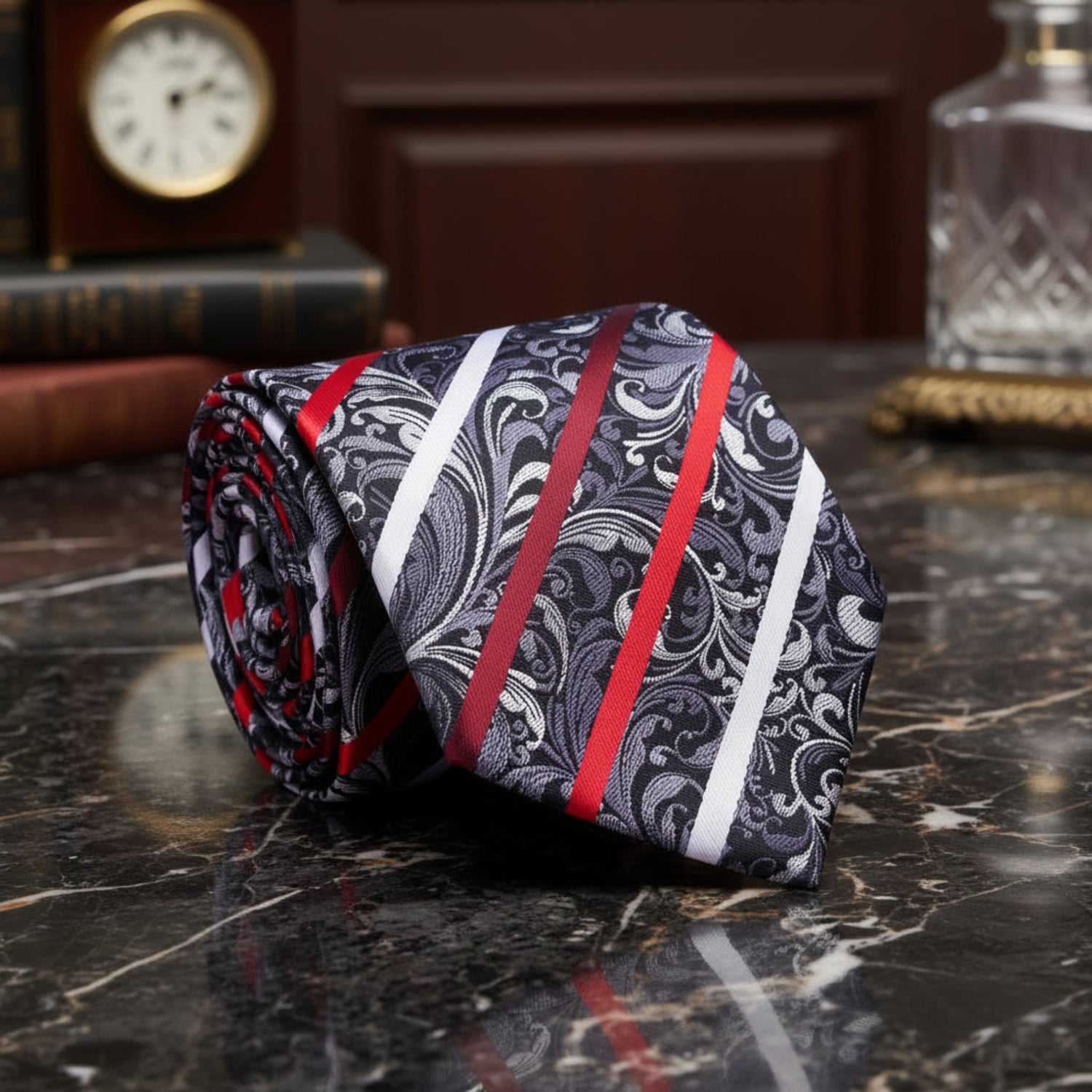Grey, Black, White and Red Floral with Stripe Tie 