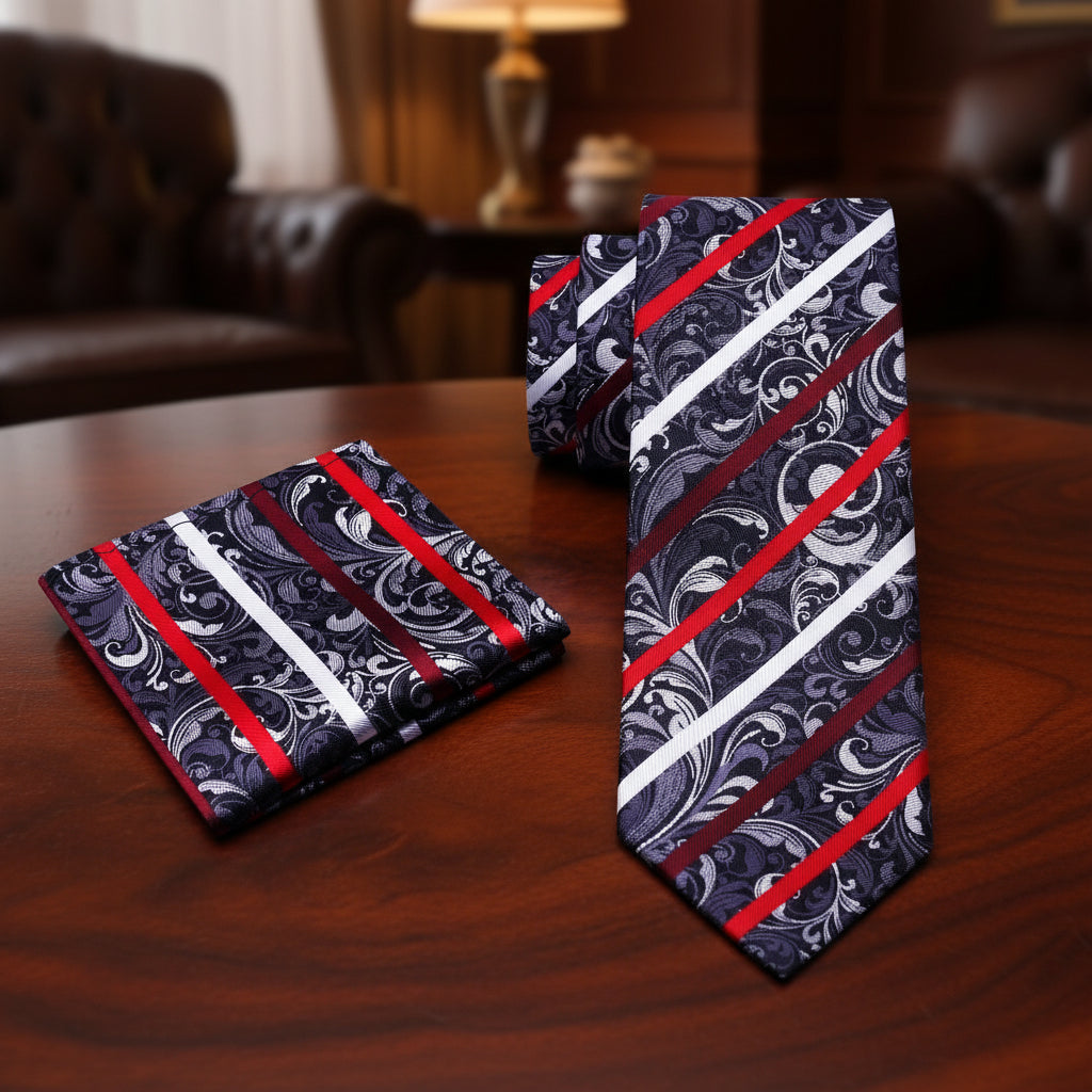 Alt View: Grey, Black, White and Red Floral with Stripe Tie and Pocket Square