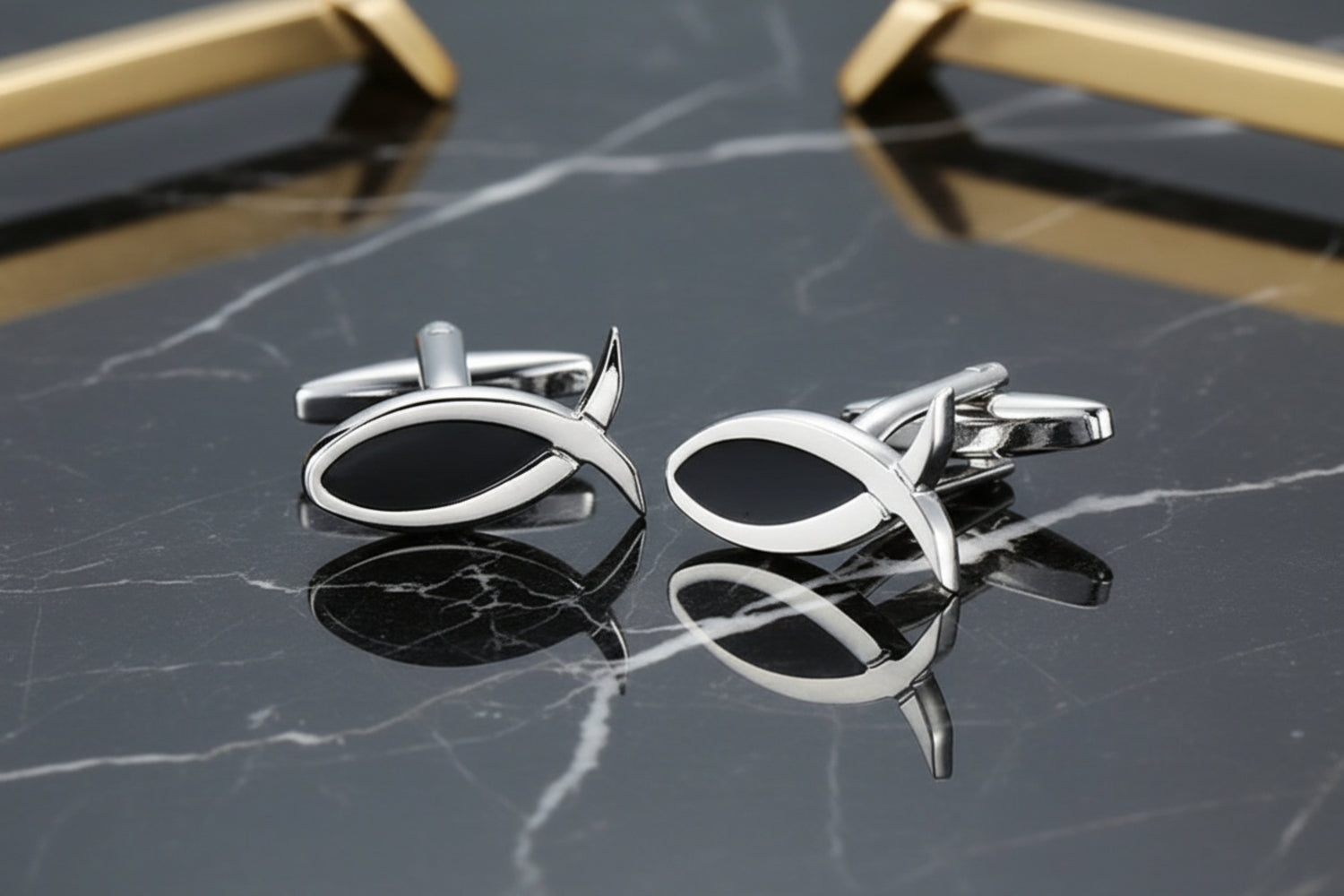 A Chrome Black Color with Fish Shape Cuff-links