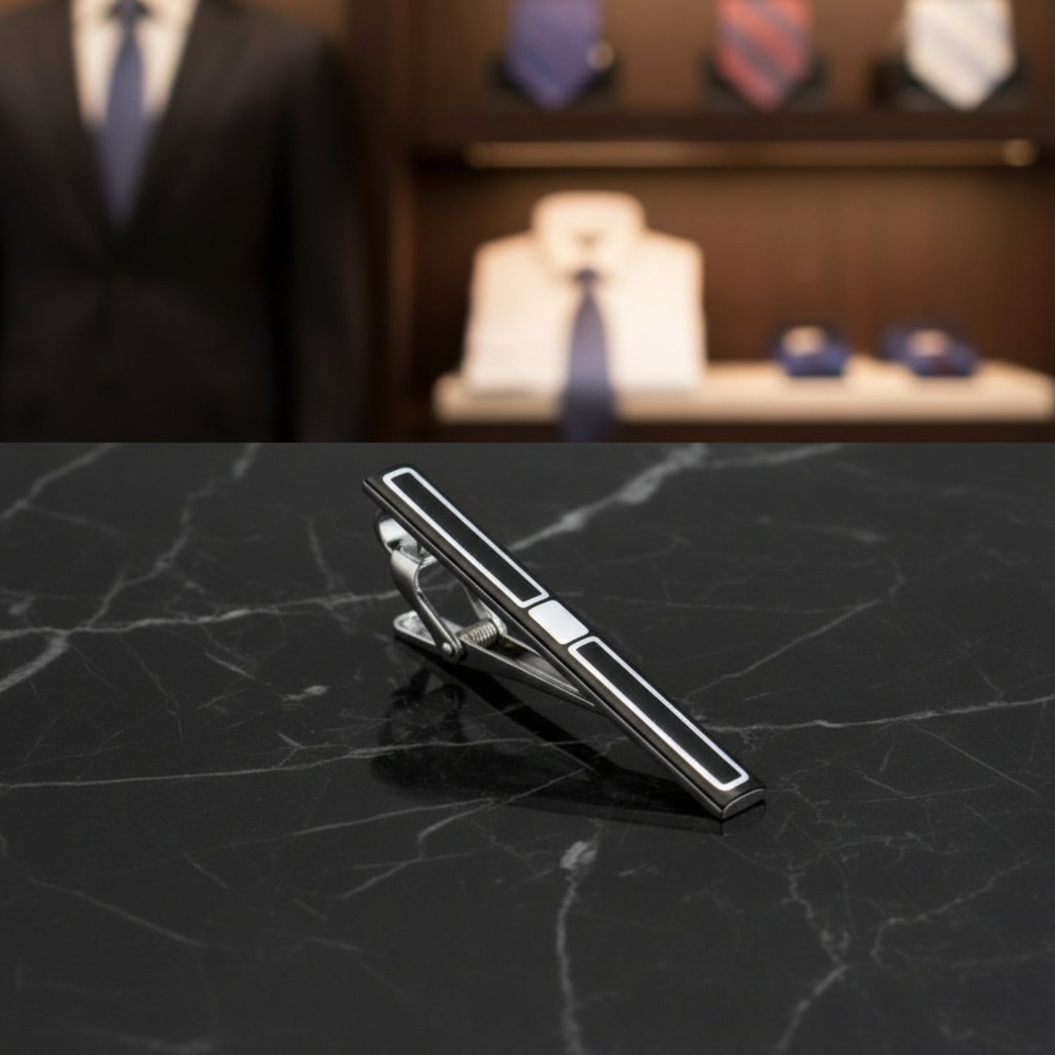 A Black, Chrome Colored Squares Pattern Tie Bar