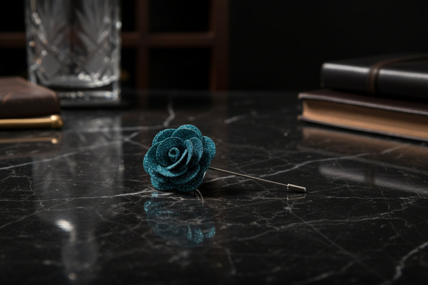 A Shimmery Frosted Teal Colored Lapel Flower