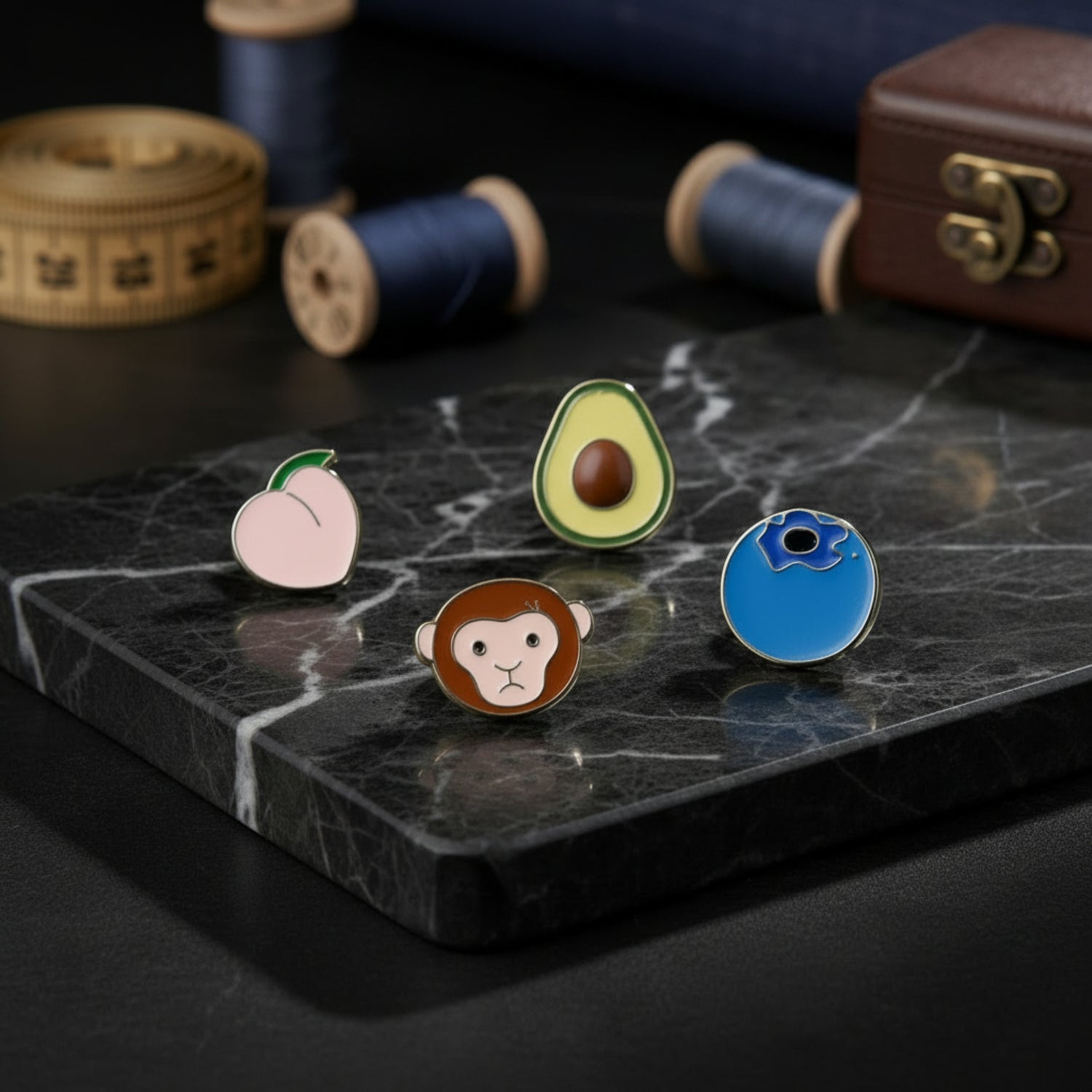 Showing 4 lapel pins: Peach, Blueberry, Monkey And Avocado Lapel Pins||Small Peach