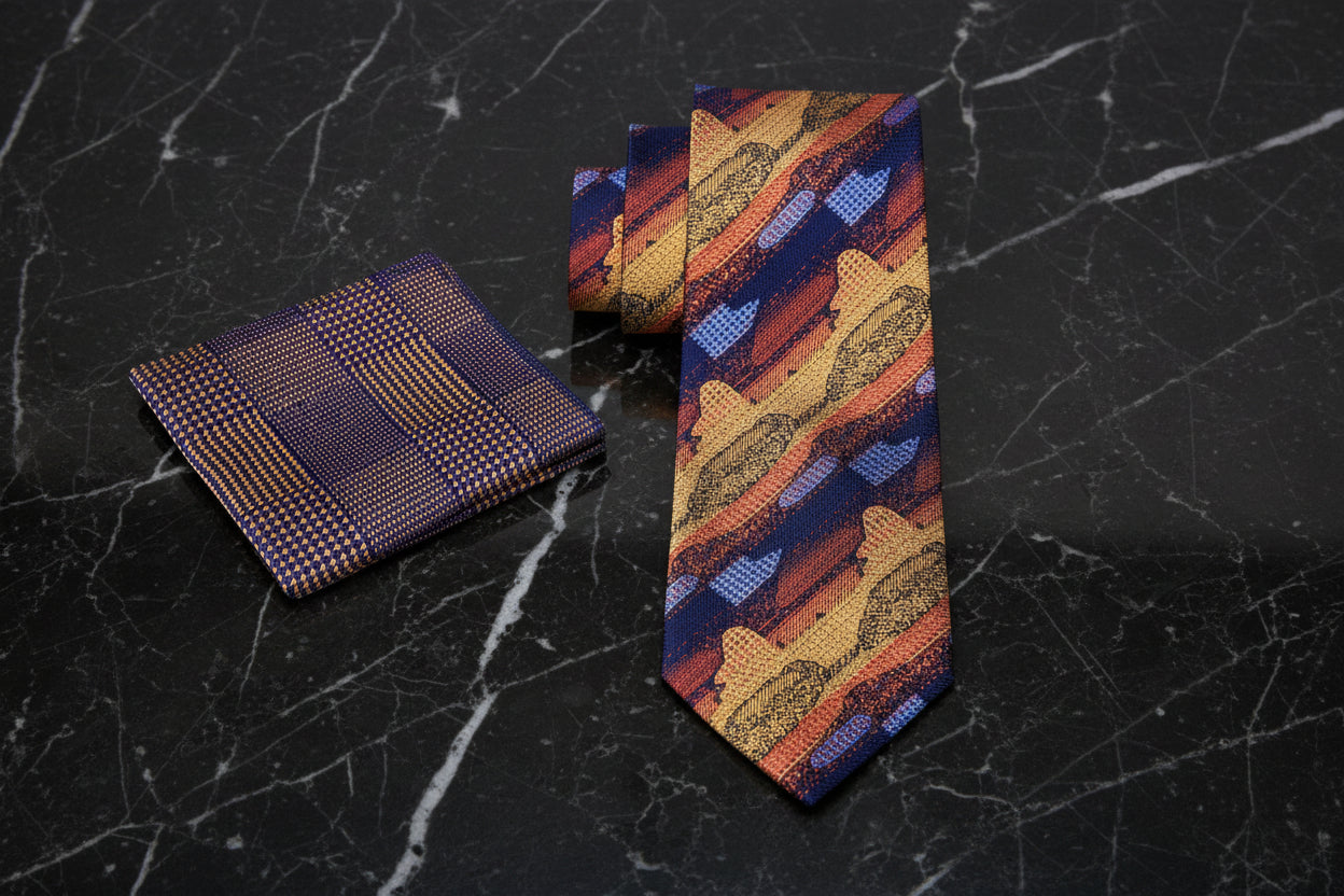 View 2: Orange, Blue Abstract Tie and Blue, Orange Geometric Square