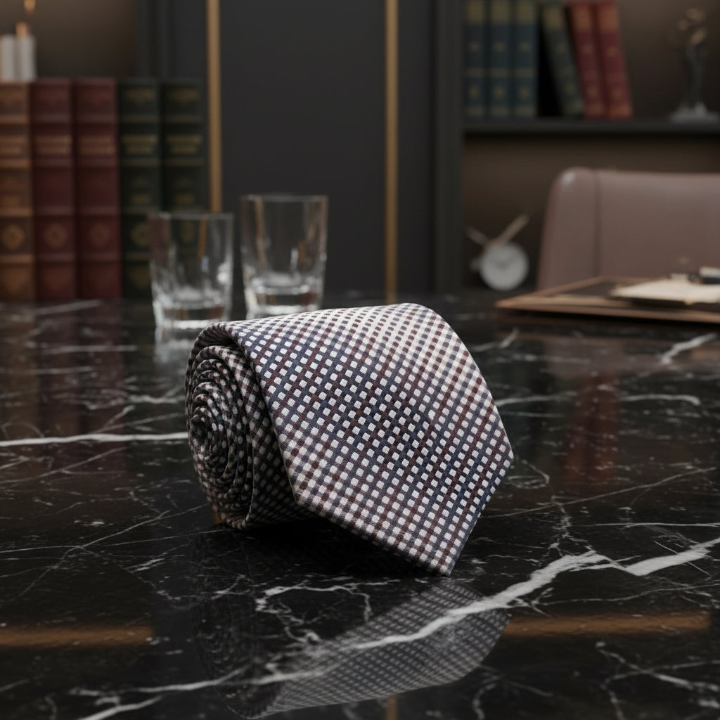 A Light Grey, Brown, White Small Geometric Check Pattern Necktie 