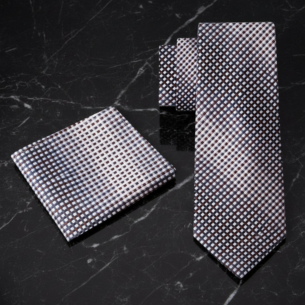 Alt View: A Light Grey, Brown, White Small Geometric Check Pattern Necktie, Matching Pocket Square