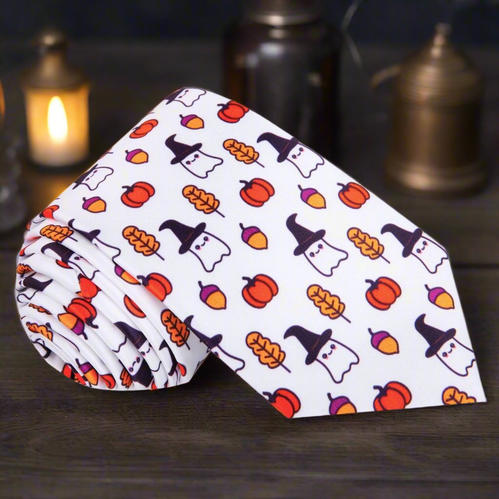 White, Orange, Black Ghost/Witch, Pumpkin, Acorn, Fall Leaf Tie 
