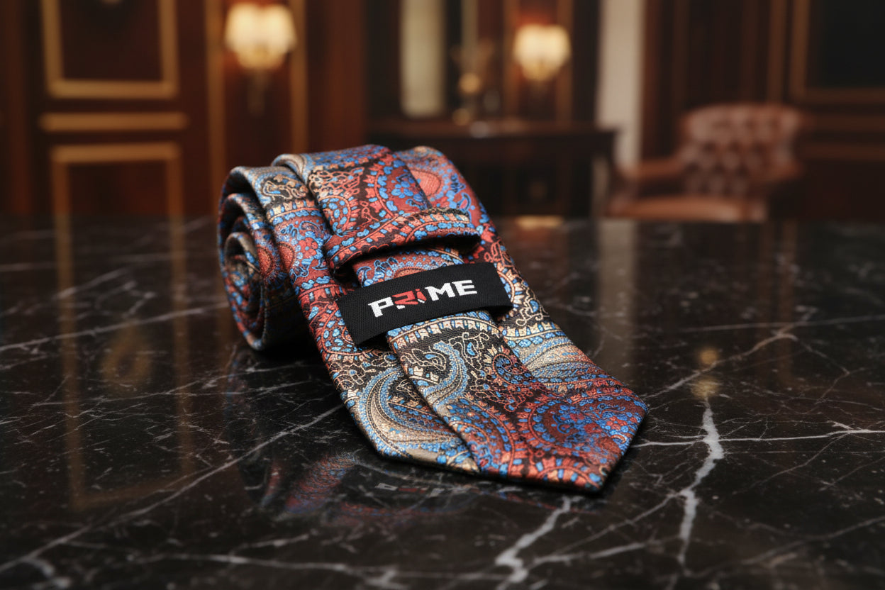 Brown, Red, Orange, Light Blue Paisley Tie Keep