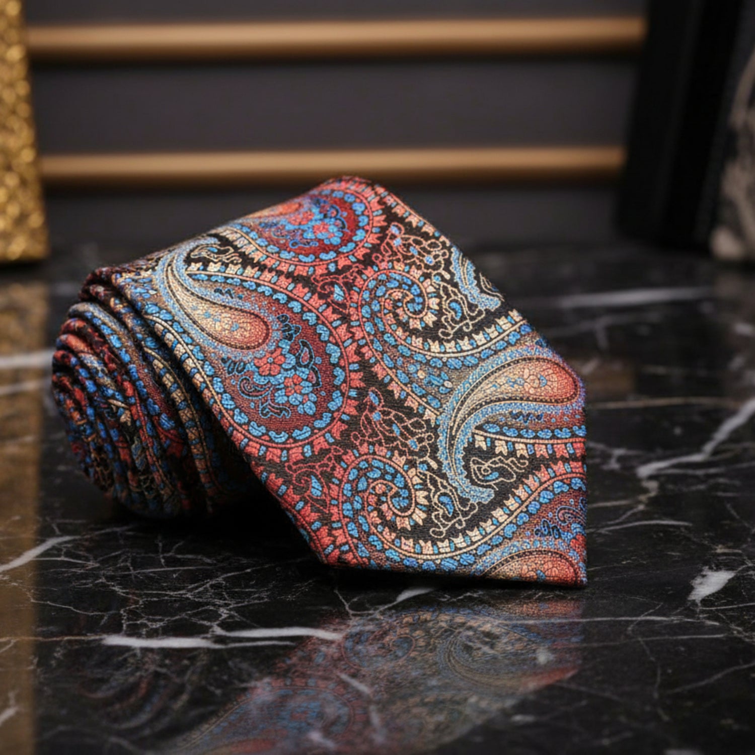 Brown, Red, Orange, Light Blue Paisley Tie  
