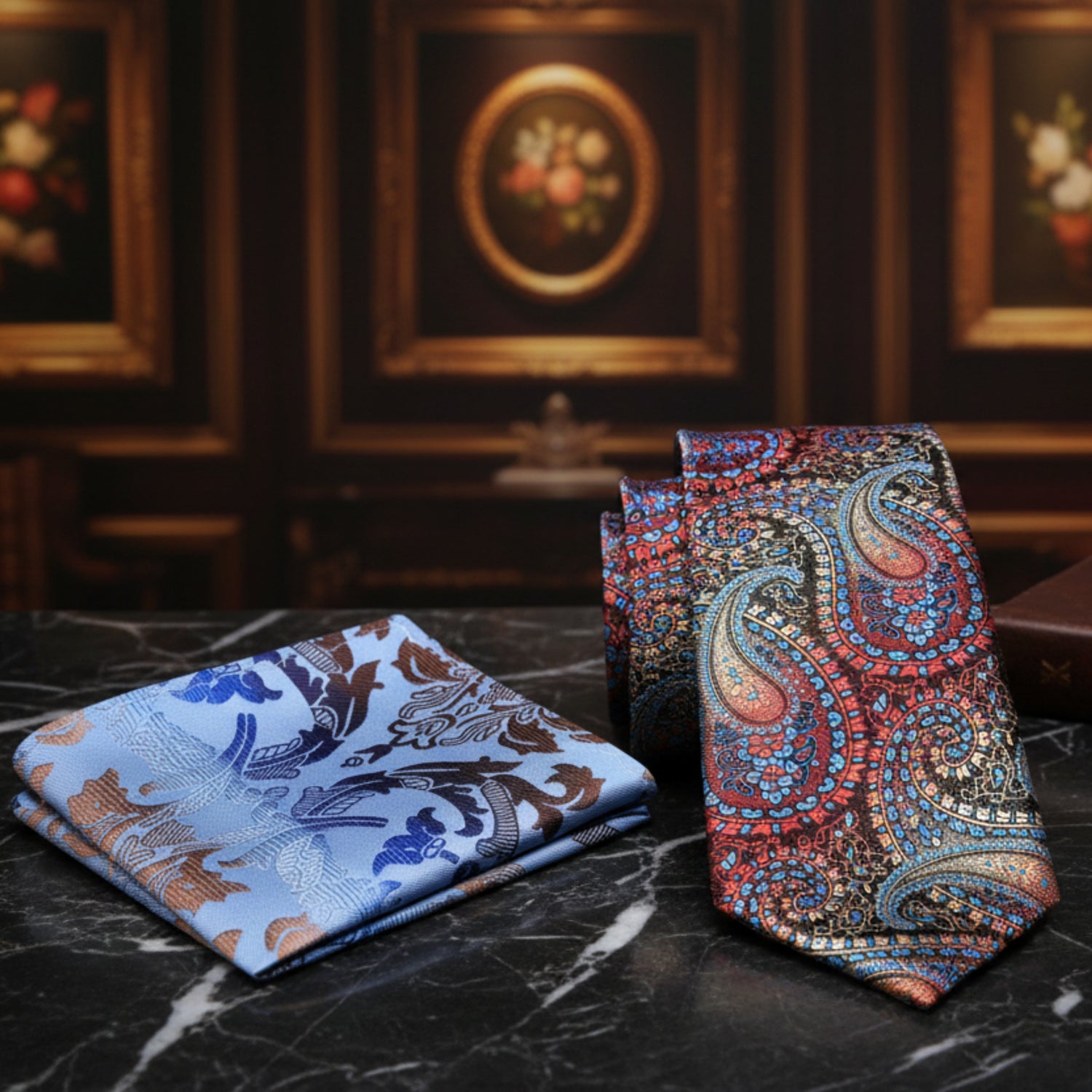 Alt View: Brown, Red, Orange, Light Blue Paisley Tie and Blue Floral Pocket Square