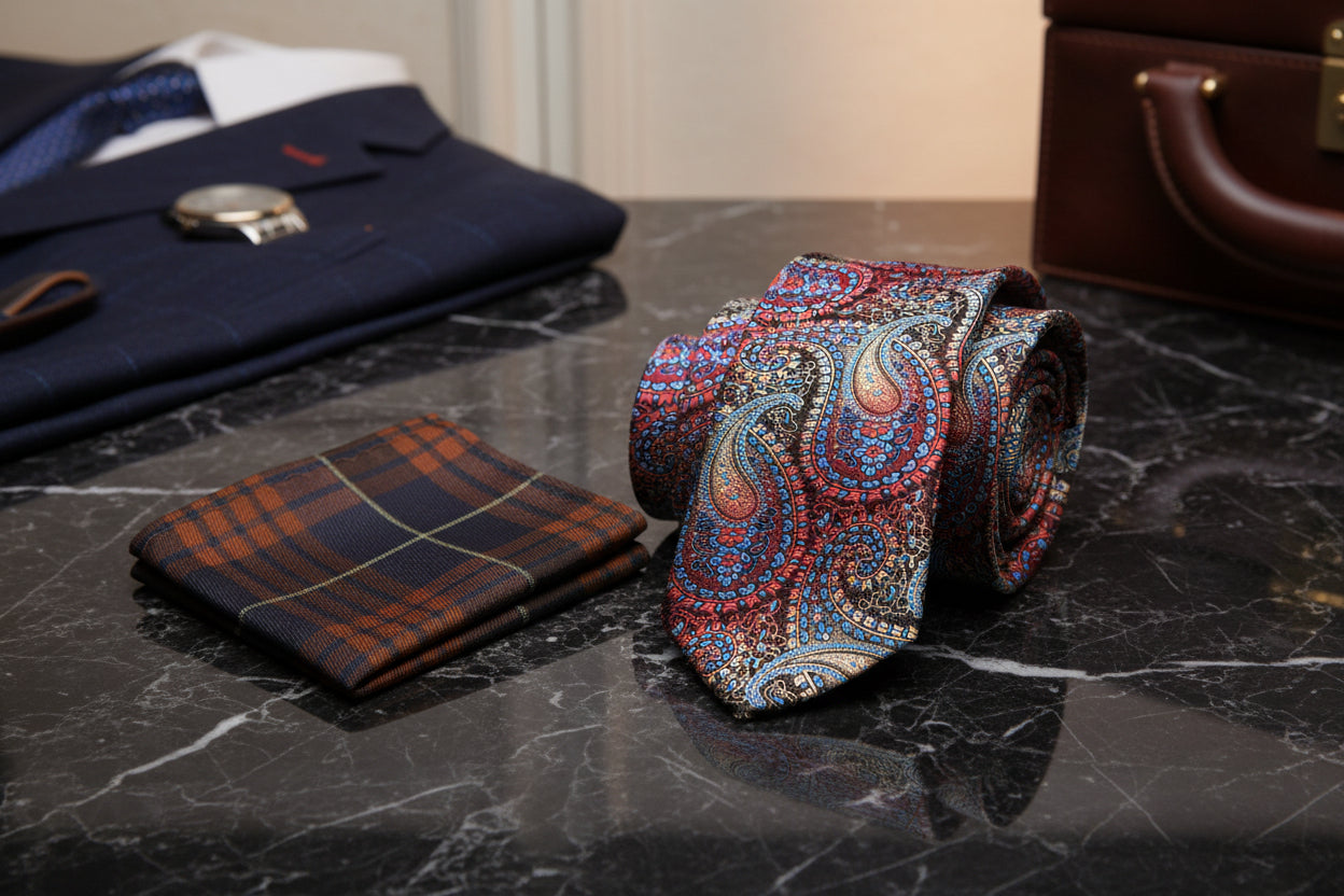 Alt View: Brown, Red, Orange, Light Blue Paisley Tie and Brown Plaid Pocket Square