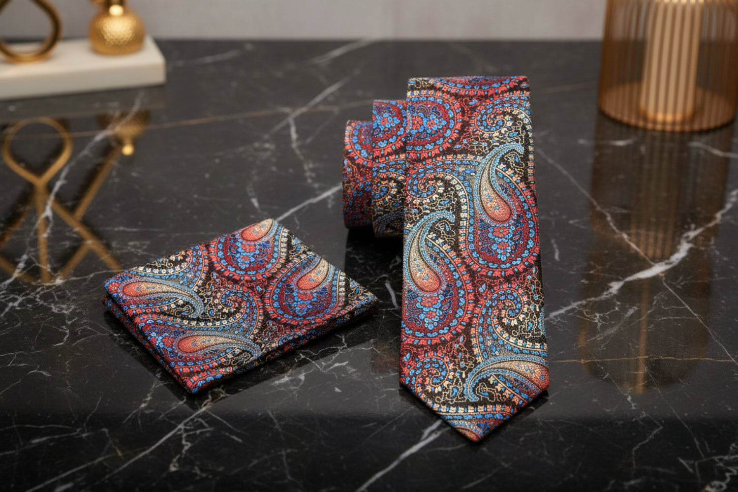Alt View: Brown, Red, Orange, Light Blue Paisley Tie and Matching Pocket Square