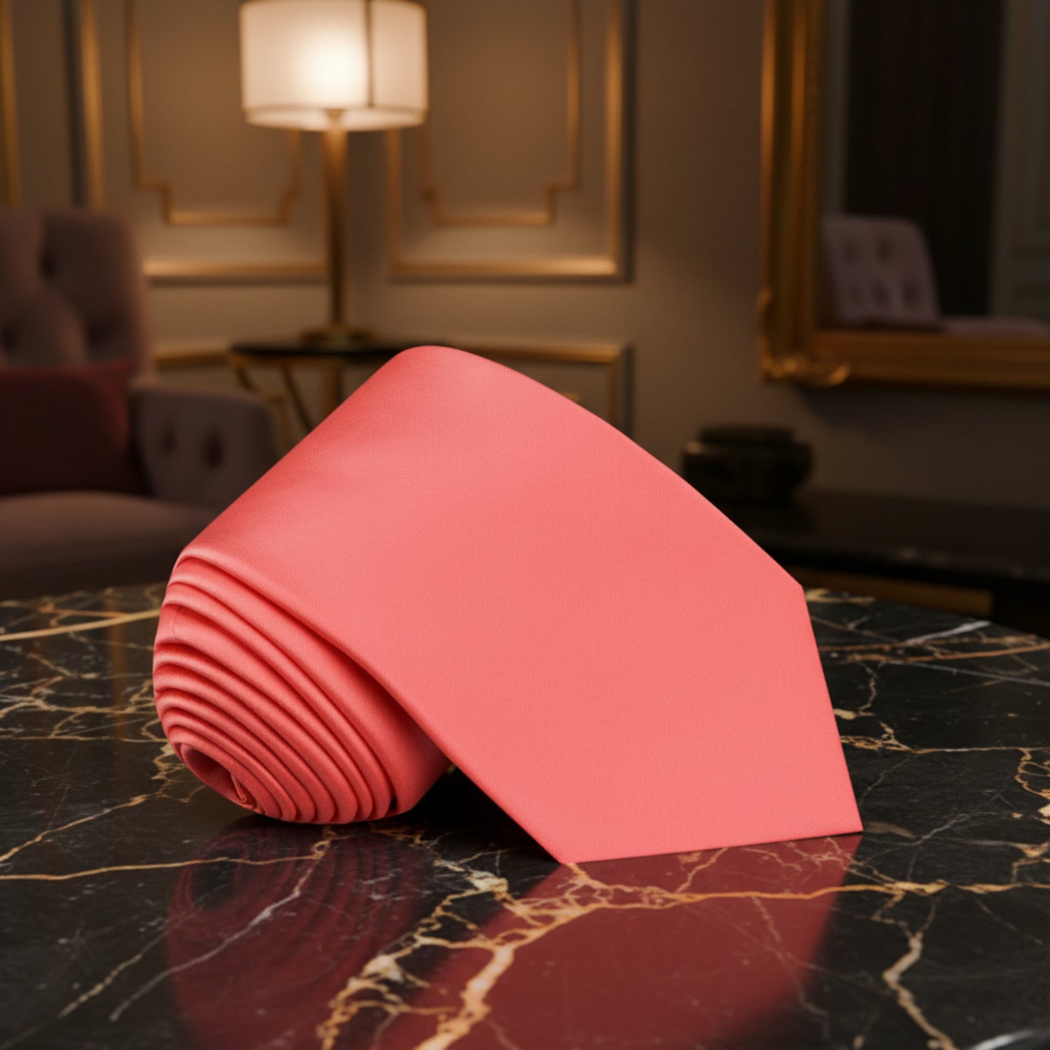 Solid Glossy Bright Coral Silk Necktie