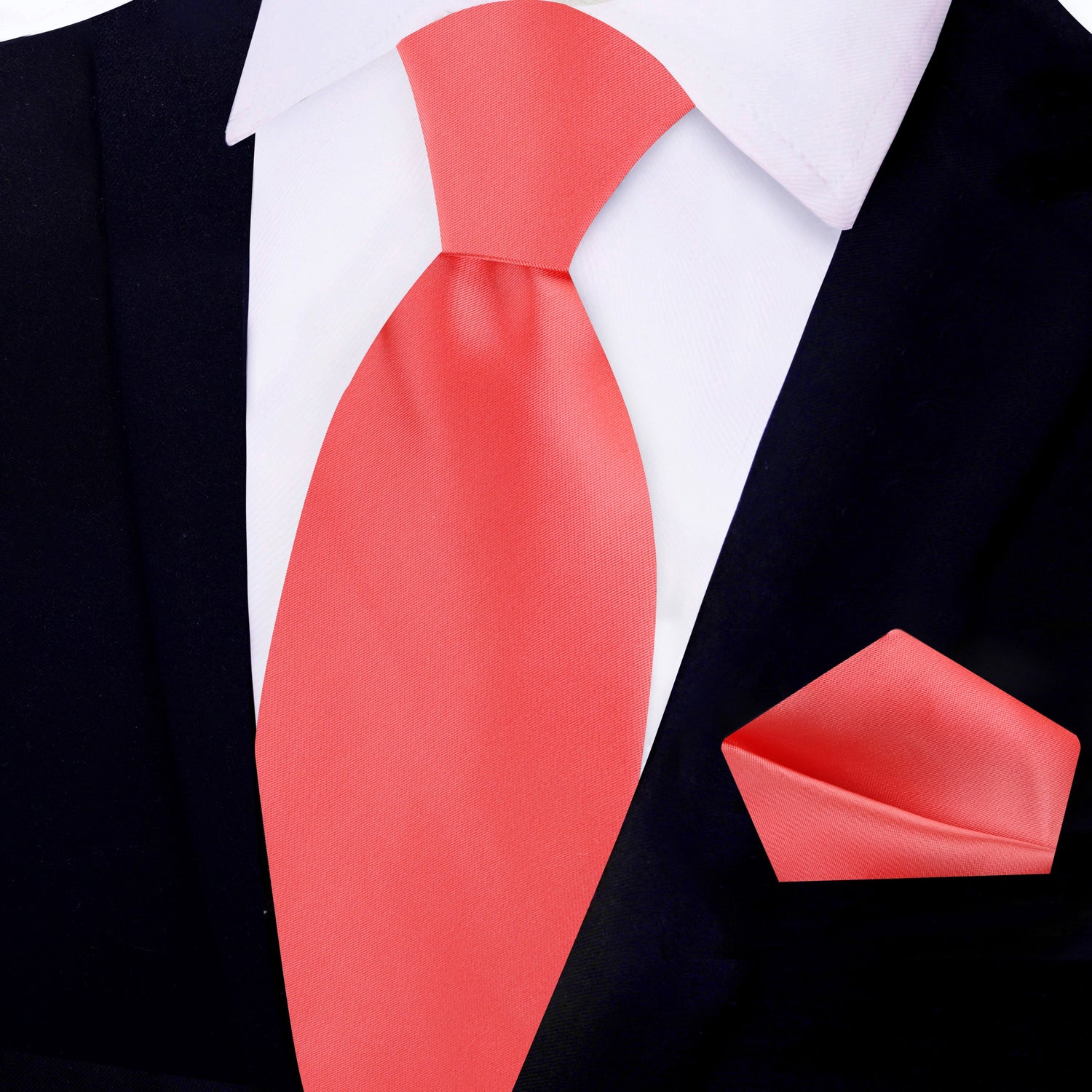 View 2: Bright Coral Solid Glossy Silk Necktie and Pocket Square