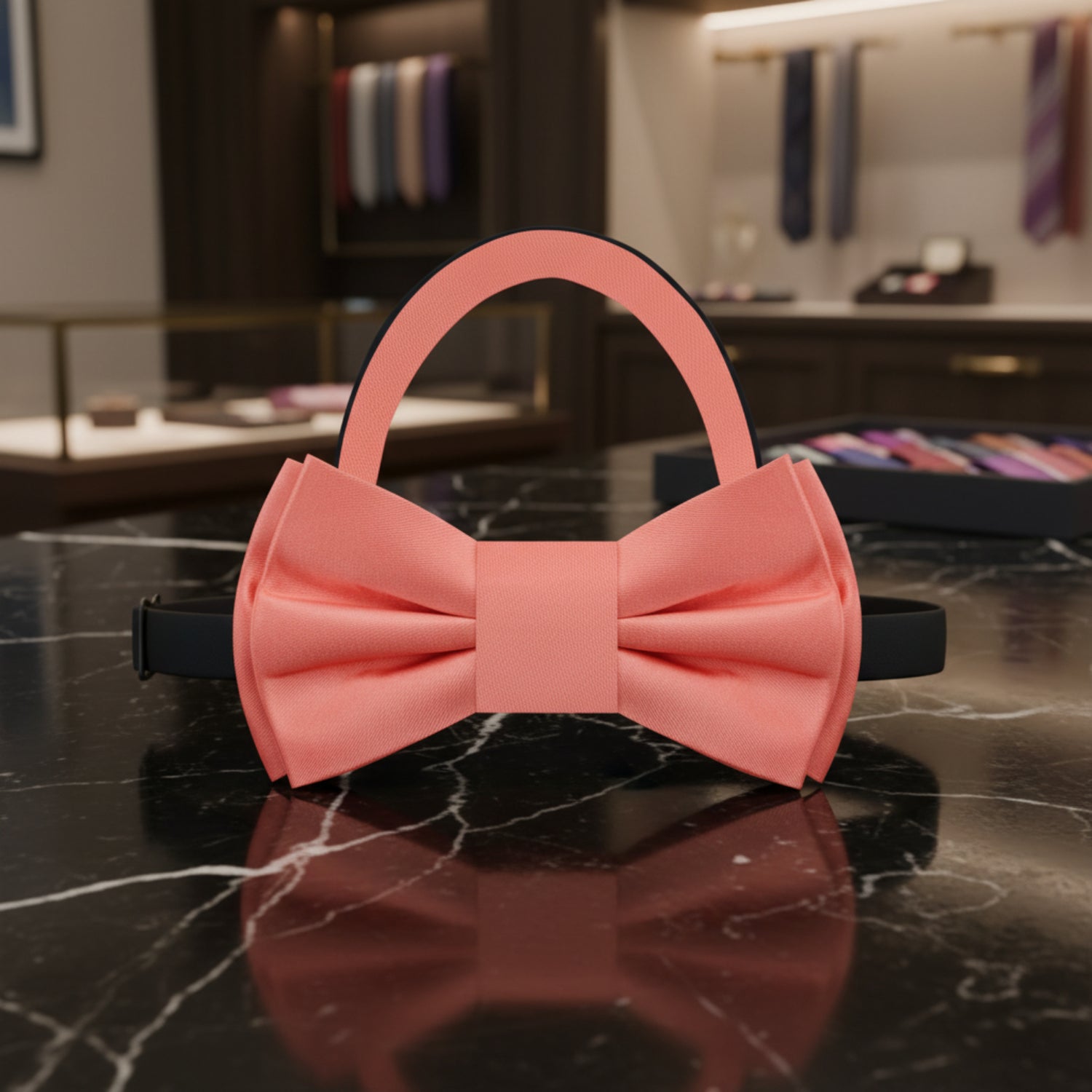 Solid Glossy Rich Coral Bow Tie Pre Tied View
