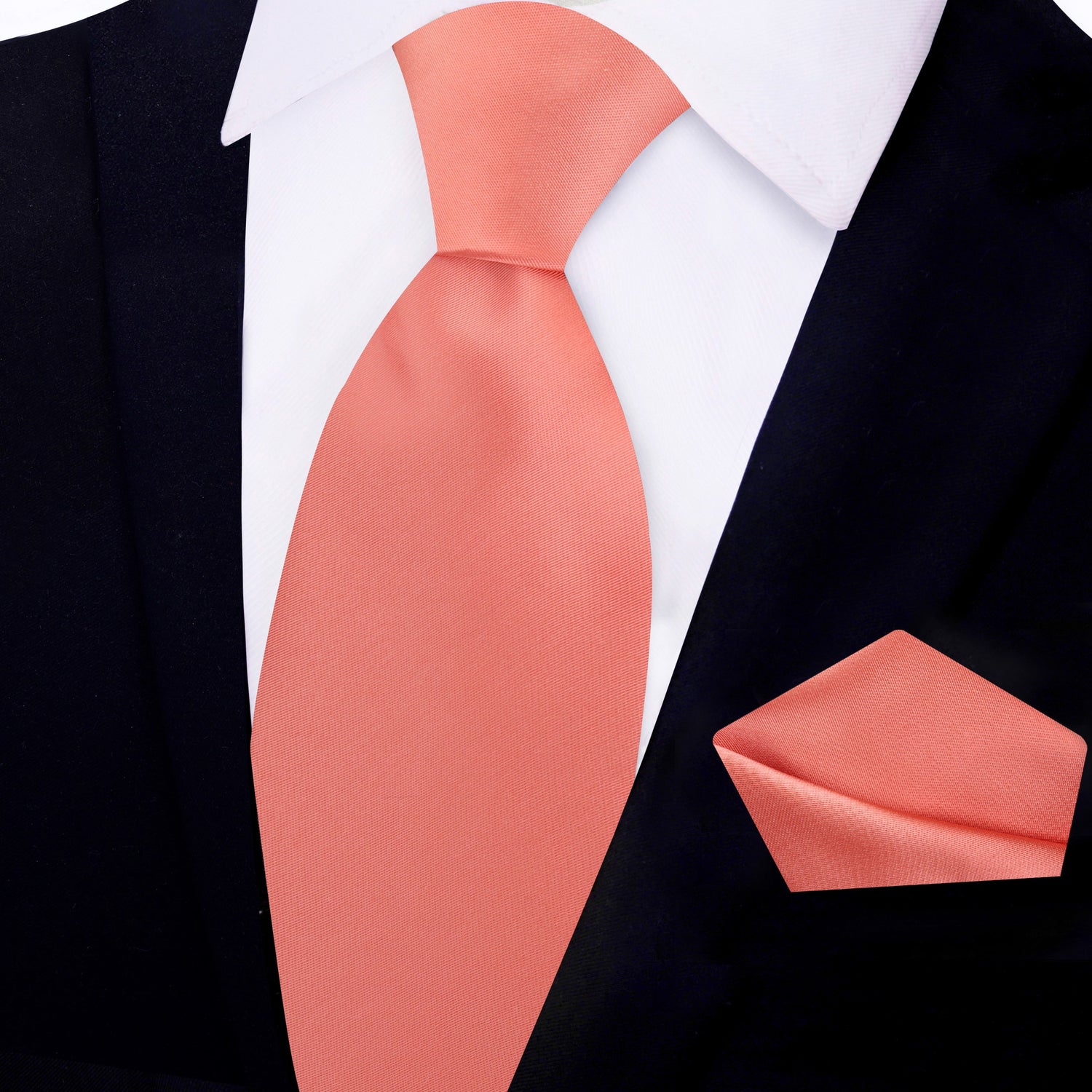 Main View: Solid Glossy Rich Coral Silk Necktie and Pocket Square