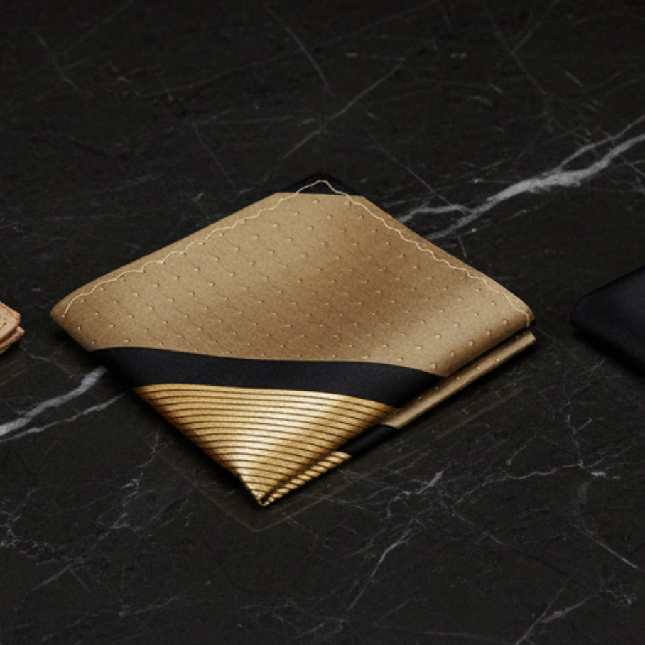 A Gold, Black Color Stripe with Subtle Check and Stripe Texture Pattern Pocket Square