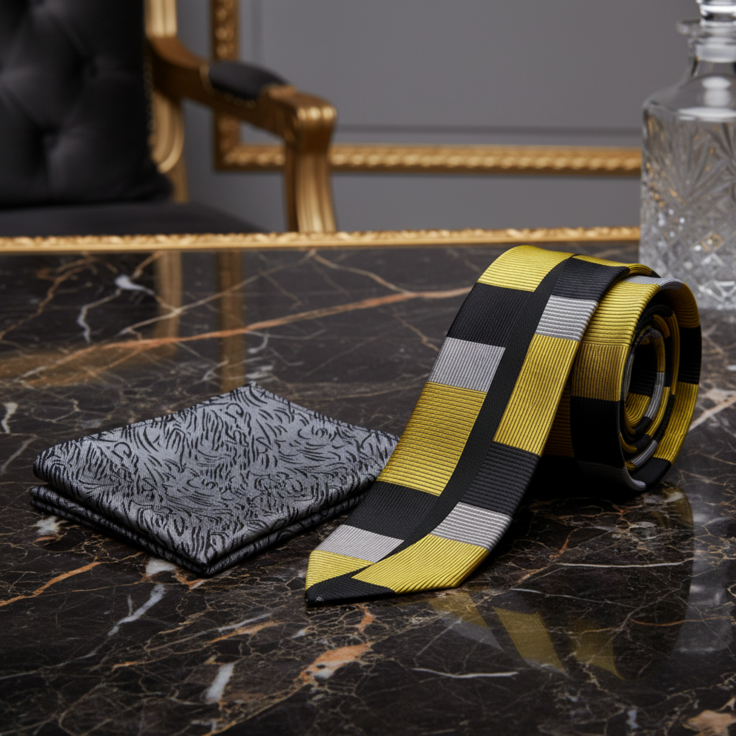 View 2: Gold, Black, Grey Abstract Thin Tie and Grey Abstract Pocket Square