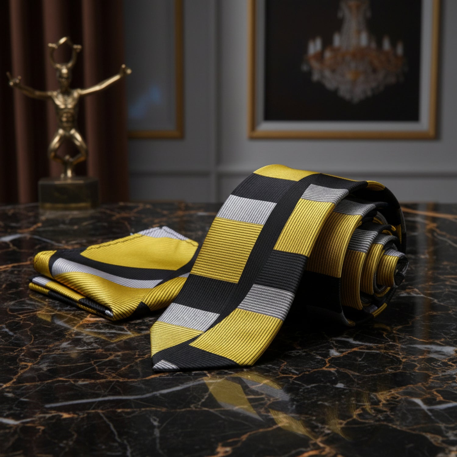Yellow, Black Geometric/Abstract Tie and Pocket Square