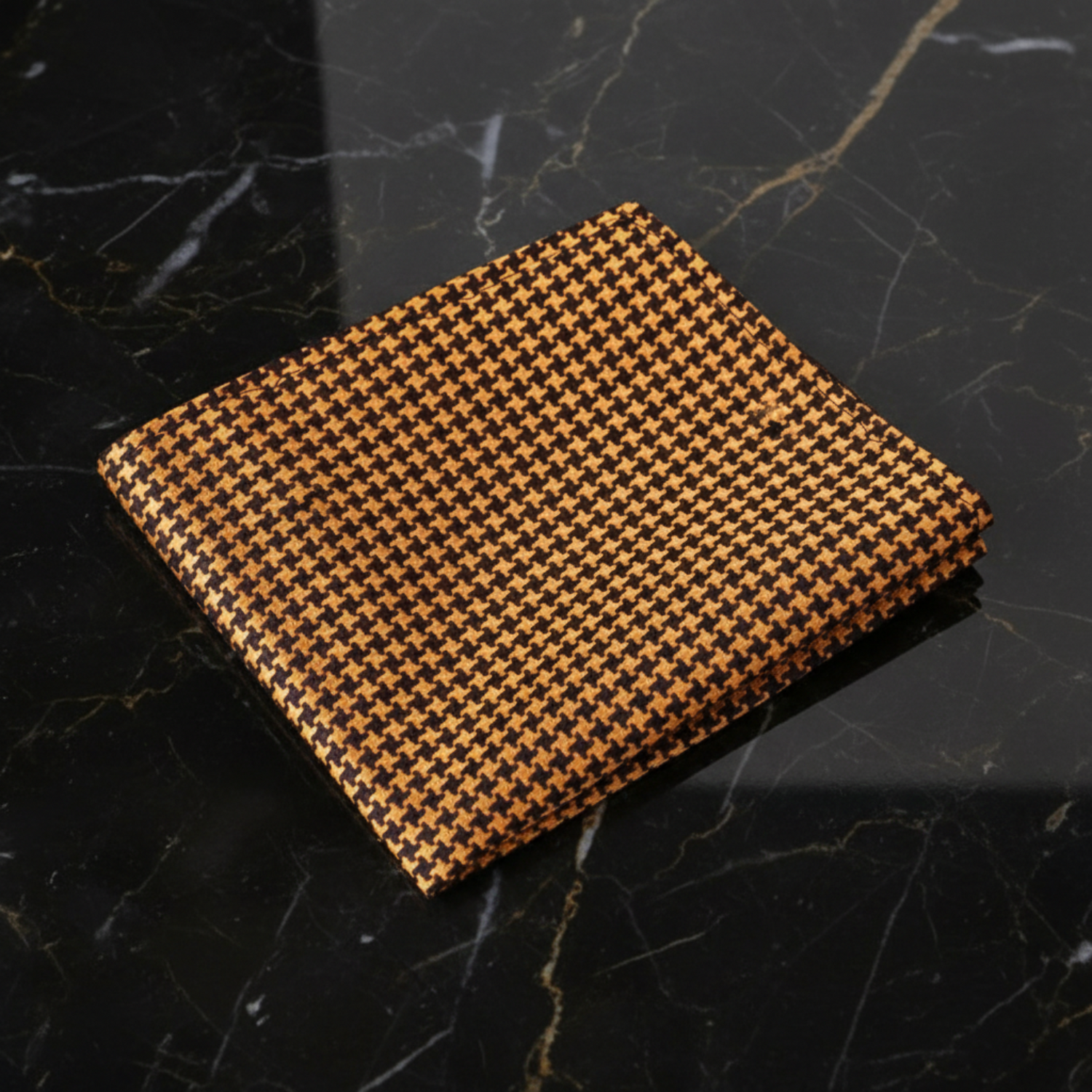 A Gold, Black Geometric Hounds Tooth Pattern Silk Pocket Square