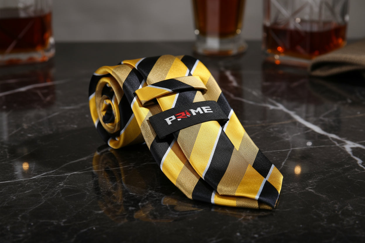 Gold, Black, White Stripe Necktie Keep