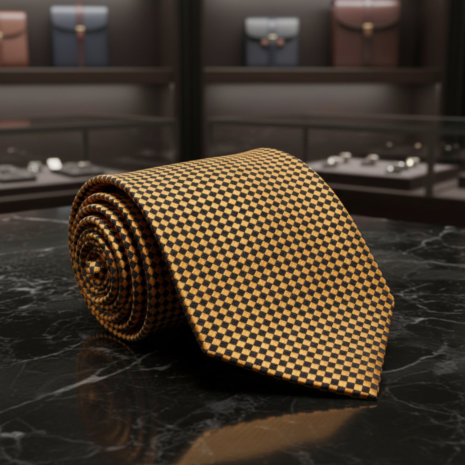 A Gold, Black Check Pattern Necktie 