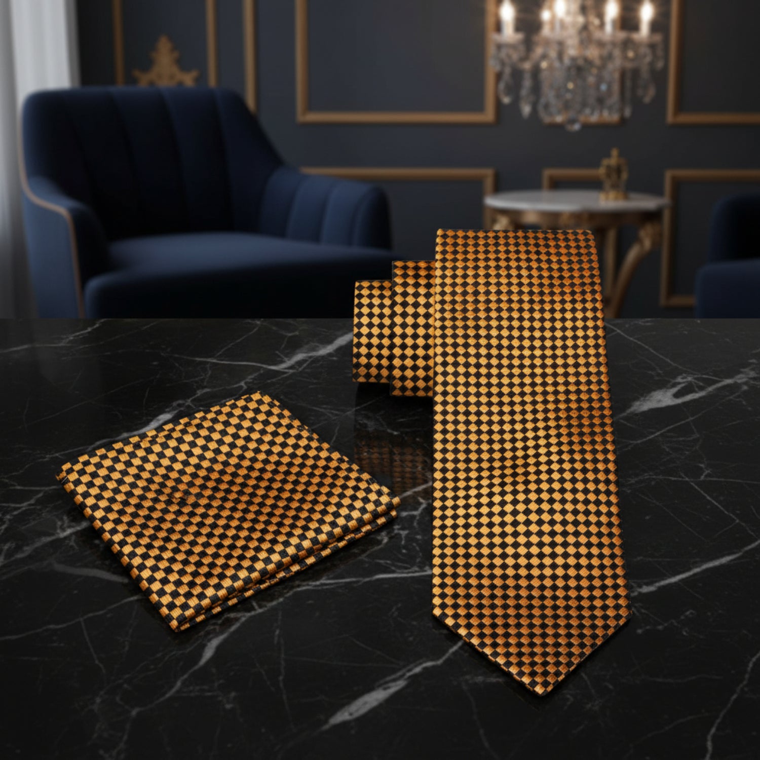 Alt view: A Gold, Black Check Pattern Necktie, Matching Pocket Square