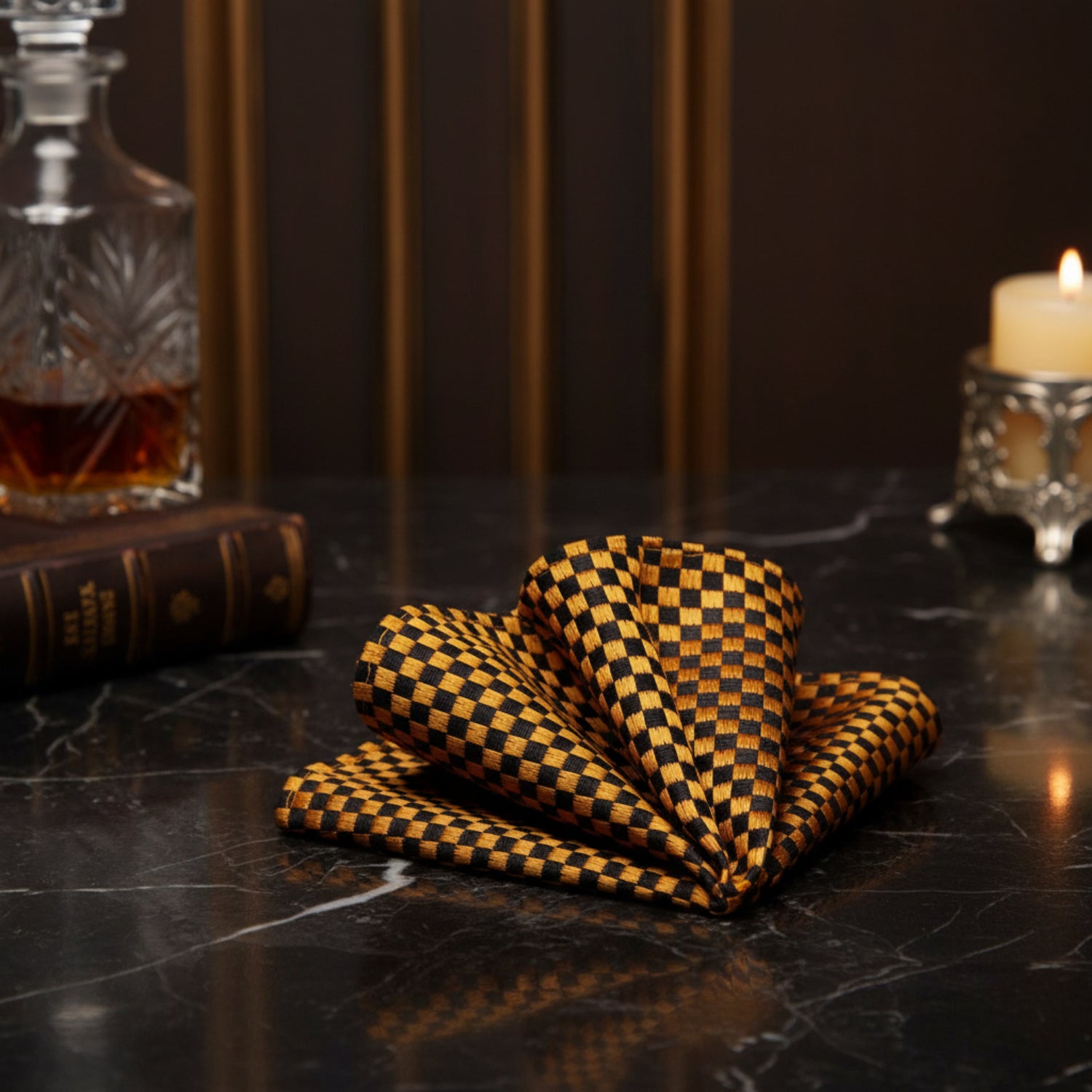 A Black, Gold Small Geometric Diamonds Pattern Pocket Square