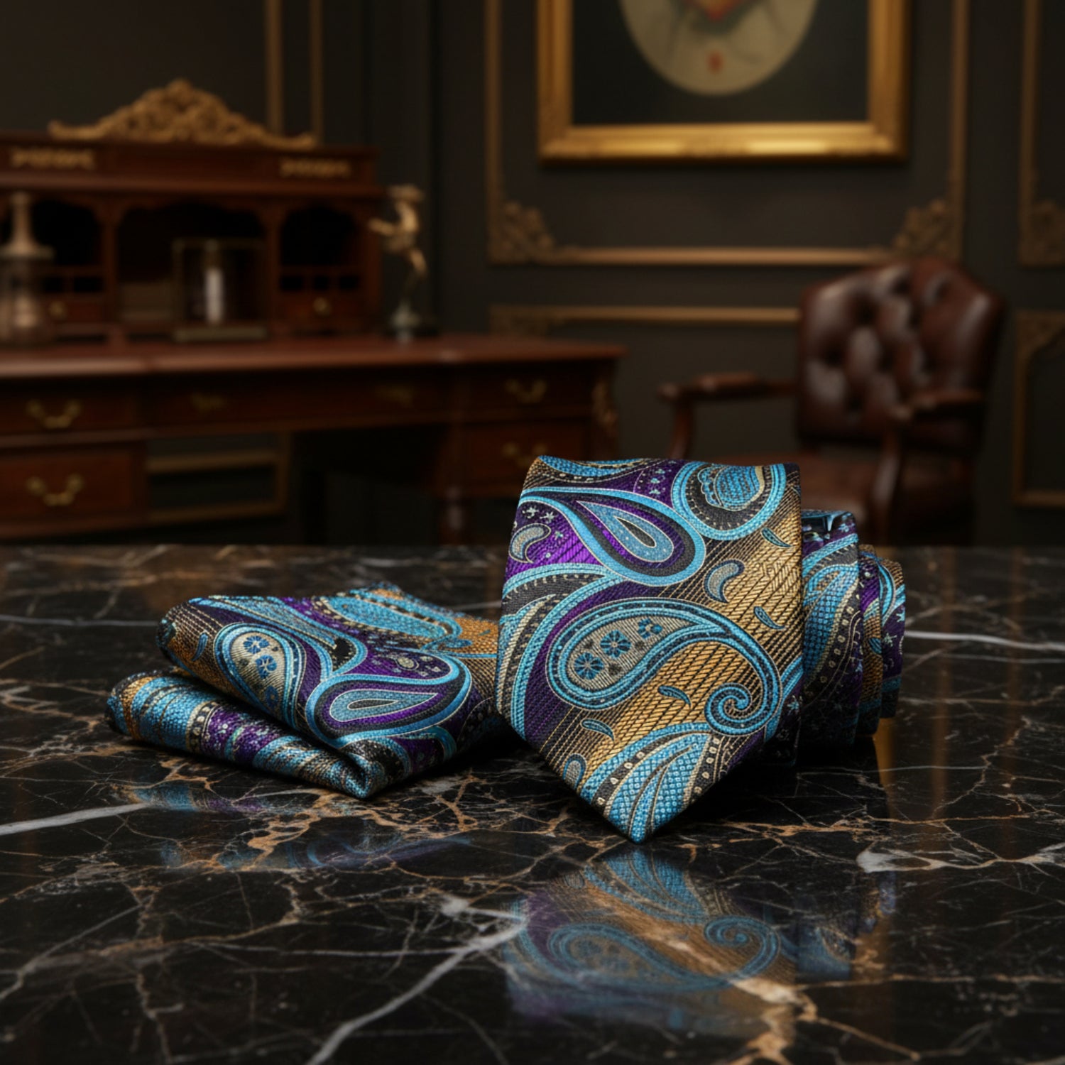 Alt View: A Copper, Purple, Teal Paisley Pattern Necktie, Matching Pocket Square
