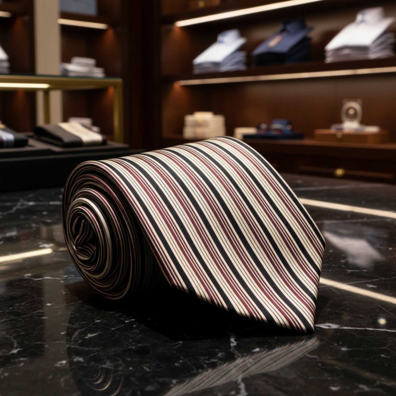 A Brown, Black, Gold Color Vertical Stripe Pattern Necktie 