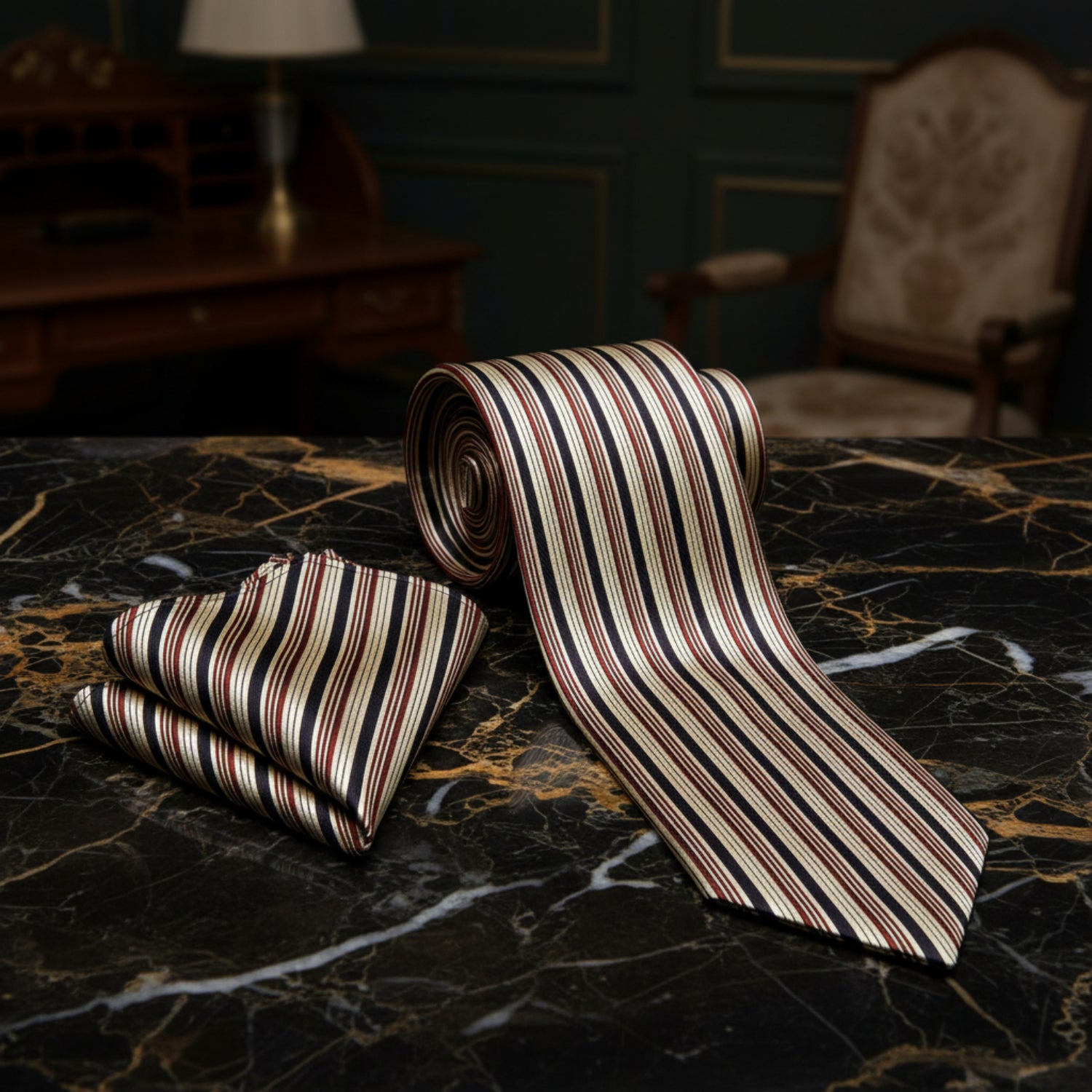 Alt View: A Brown, Black, Gold Color Vertical Stripe Pattern Necktie, Matching Pocket Square