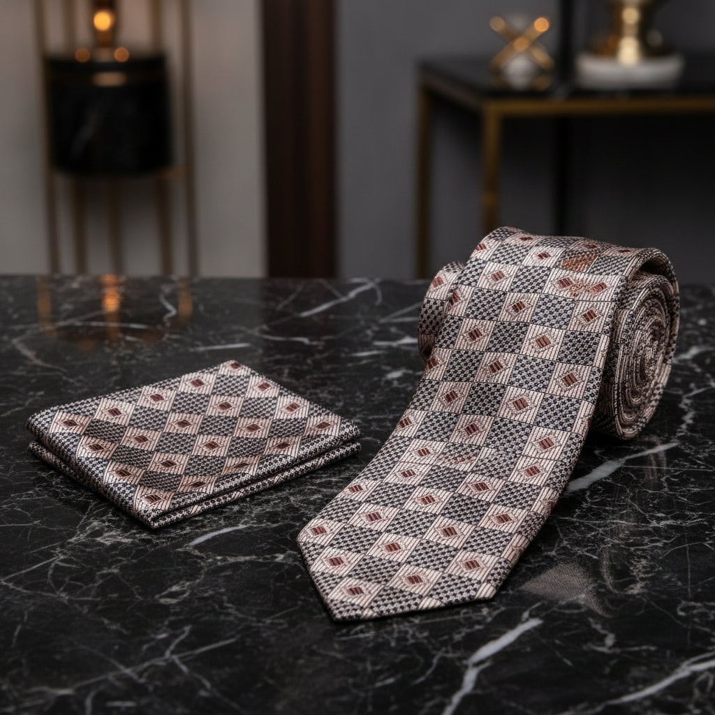 Alt View: A Warm Brown, Gold Geometric Pattern Necktie, Matching Pocket Square