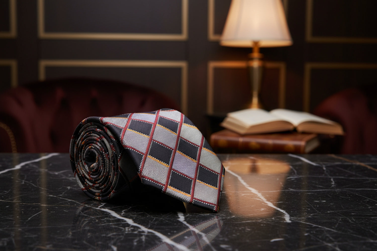 A Brown, Light Brown, Gold Geometric Diamond Pattern Necktie