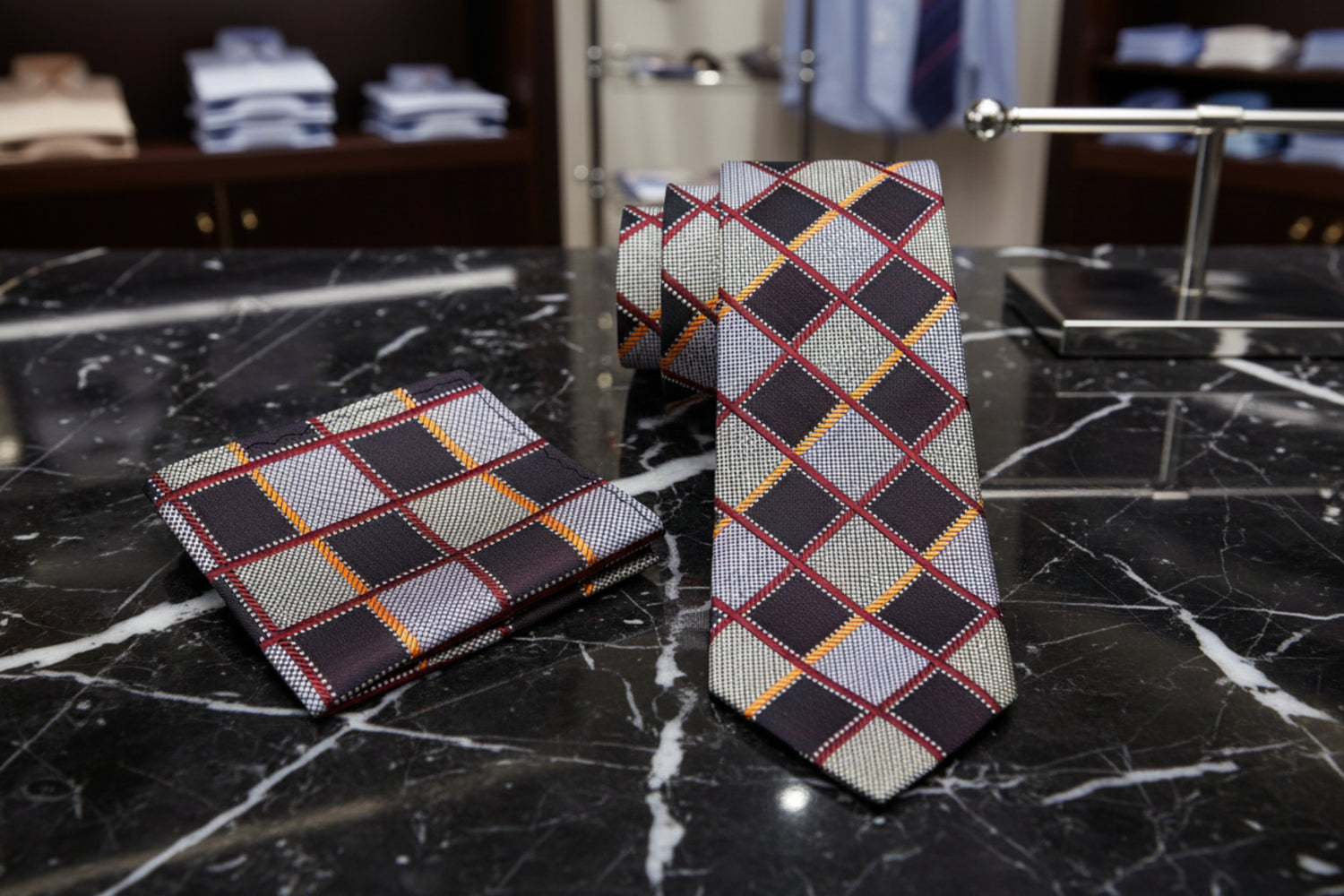 Alt View: A Brown, Light Brown, Gold Geometric Diamond Pattern Necktie, Matching Pocket Square