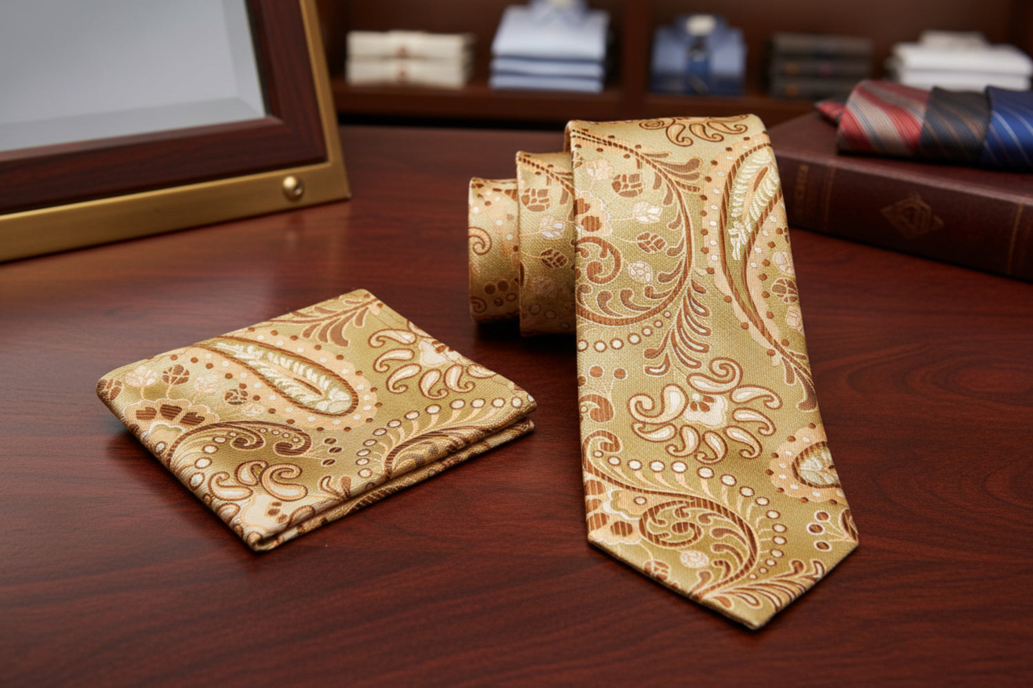 Alt View: A Gold, Brown Paisley Pattern Necktie, Matching Pocket Square