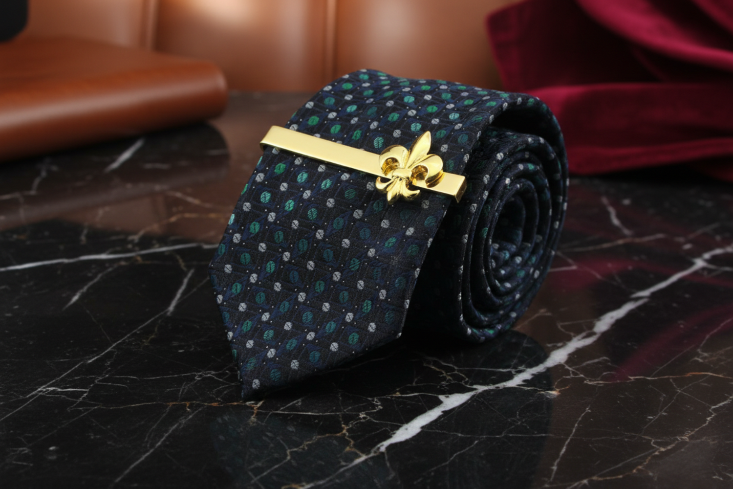 Gold Fleur De Lis Tie bar On Tie