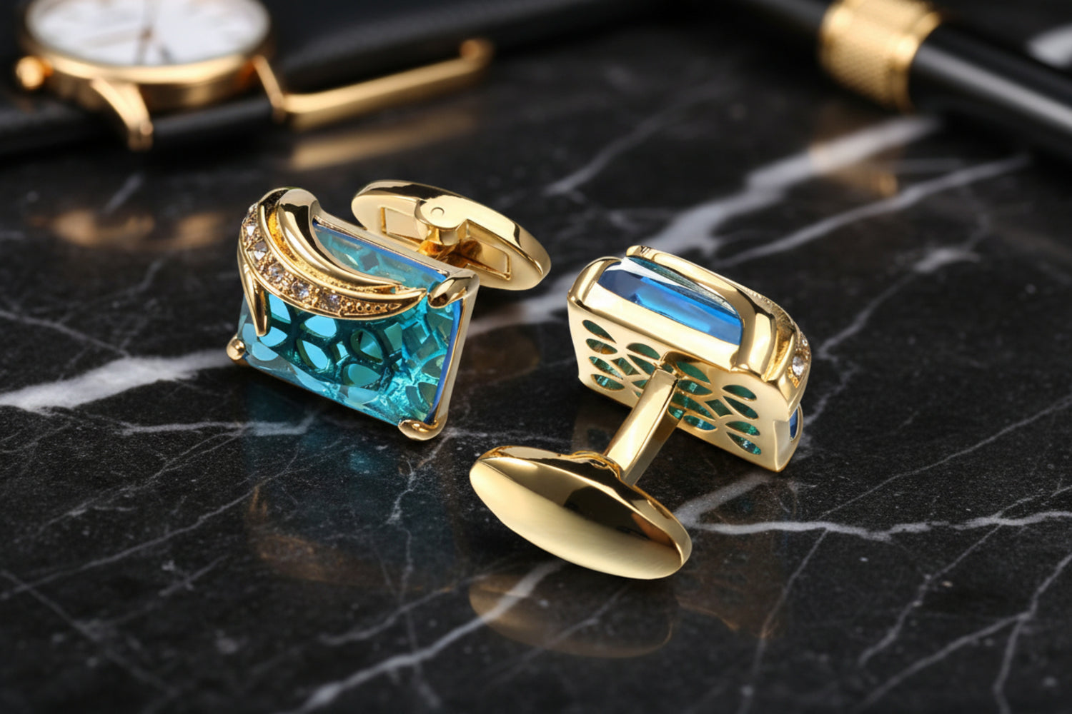 A Gold Colored with Clear and Light Blue Gemstones Cuff-links.
