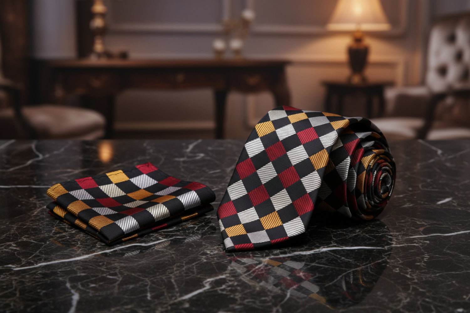 Alt View: A Red, Gold, Cream Geometric Diamond Pattern Necktie, Matching Pocket Square