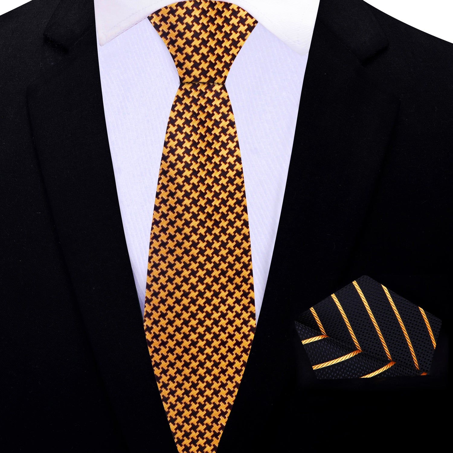 Gold and Black Hounds Tooth Thin Tie and Accenting Square